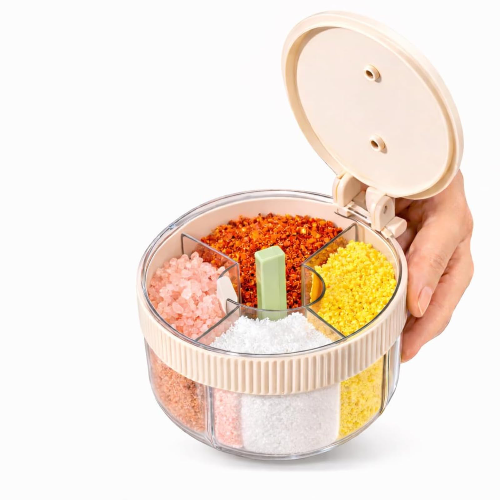 Crr Retail 4In1 Spice Storage Box With Lid, MultiCompartment Seasoning Container For Salt, Pepper & Msg, Kitchen Organiser