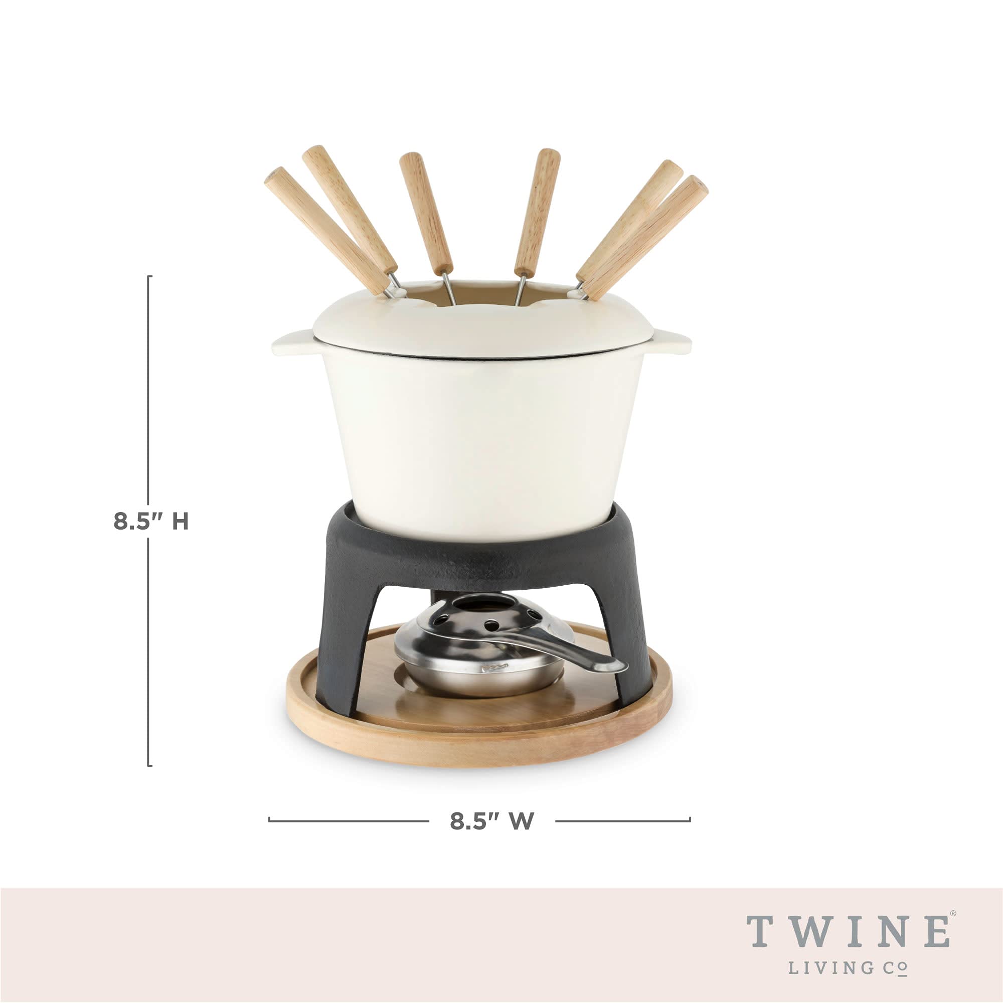 Twine Farmhouse Kitchen Enamel Cast Iron Fondue Set Cheese Melting Pot Metal Stand with Stainless Steel Forks and Chrome Gel Burner  8.5''  Off-Cream