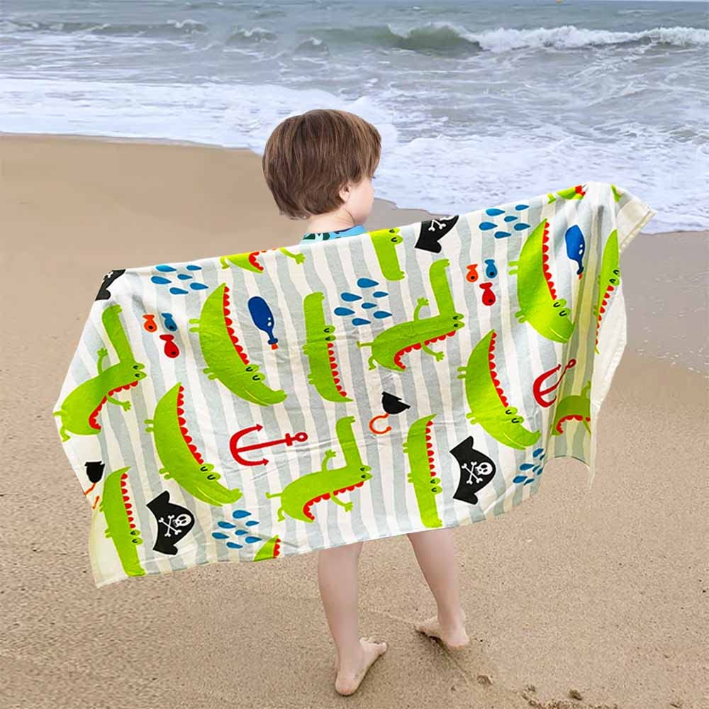 YIFONTIN Crocodile Beach Towel for Kids Velour Terry Blanket Throw 100% Cotton 25.5X51 inches for Swim Bath Camping and Picnic  Green.
