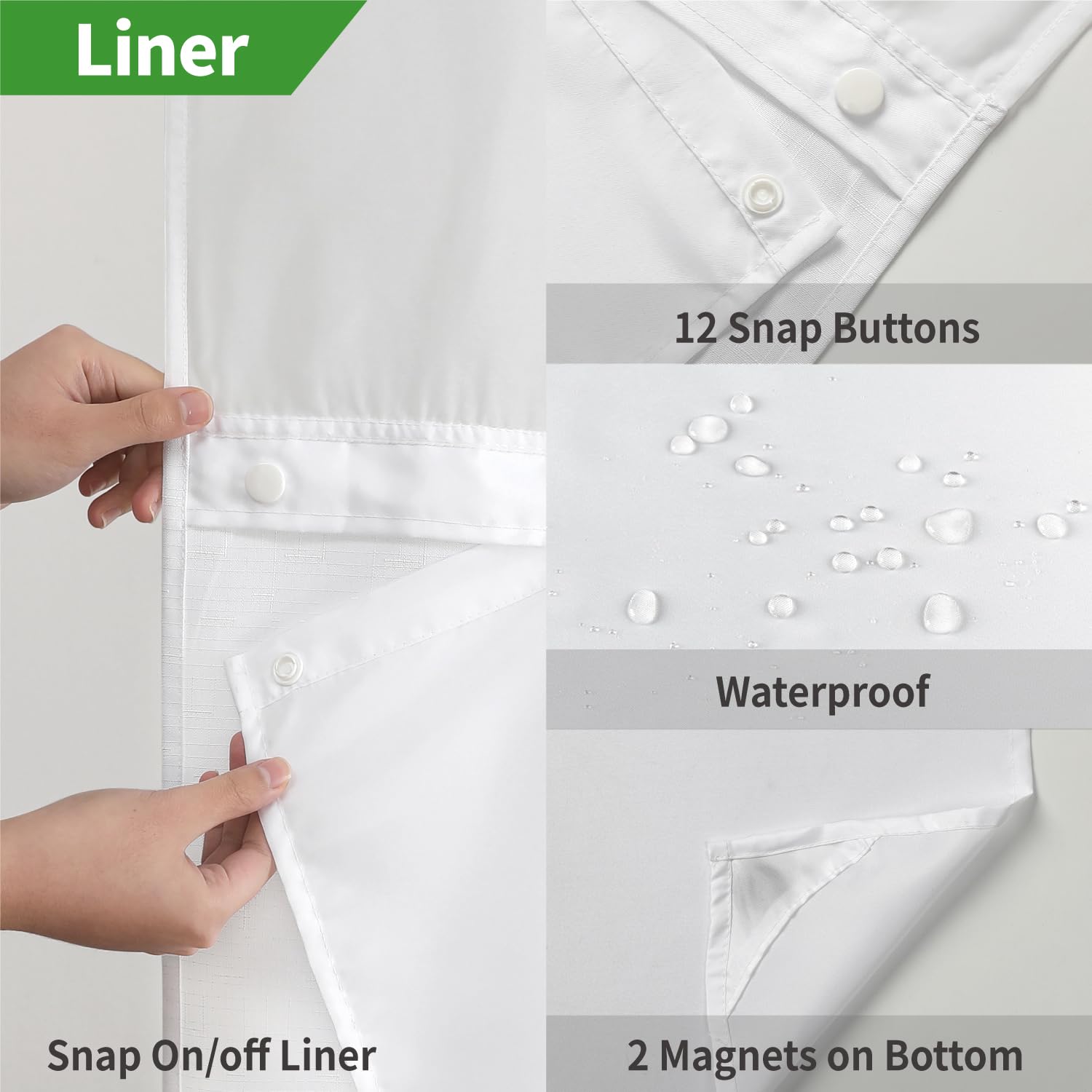 Eachope Long No Hooks Needed Linen Textured Shower Curtain With Snap-In Fabric Liner Set,White Hotel Luxury Decor Shower Curtain
