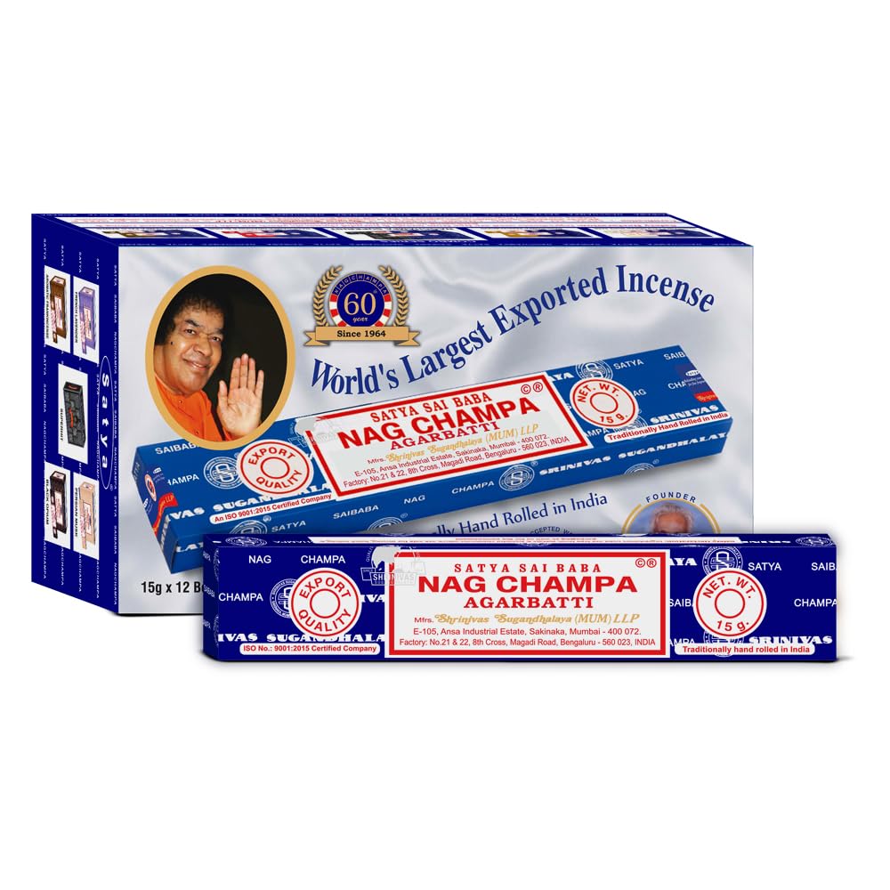Satya Sai Baba Nag Champa Agarbatti Pack of 12 Incense Sticks Boxes 15gms Each Fine Quality Incense Sticks for Relaxation, Medit