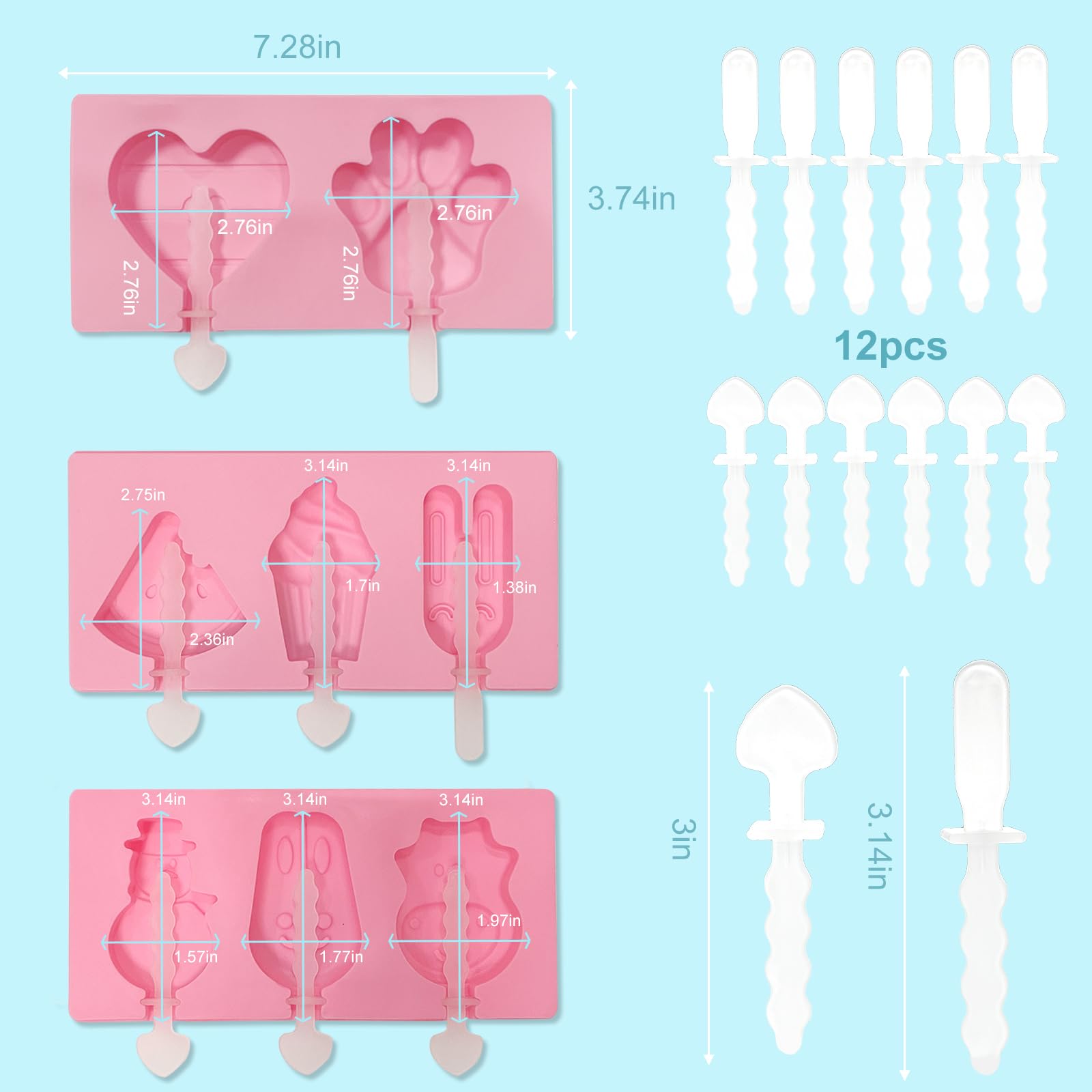 3 Pack Popsicle Molds, Silicone Popsicle Molds For Kids, Ice Pop Mold With Lids, 12 Reusable Sticks For Homemade Ice Cream Popsi