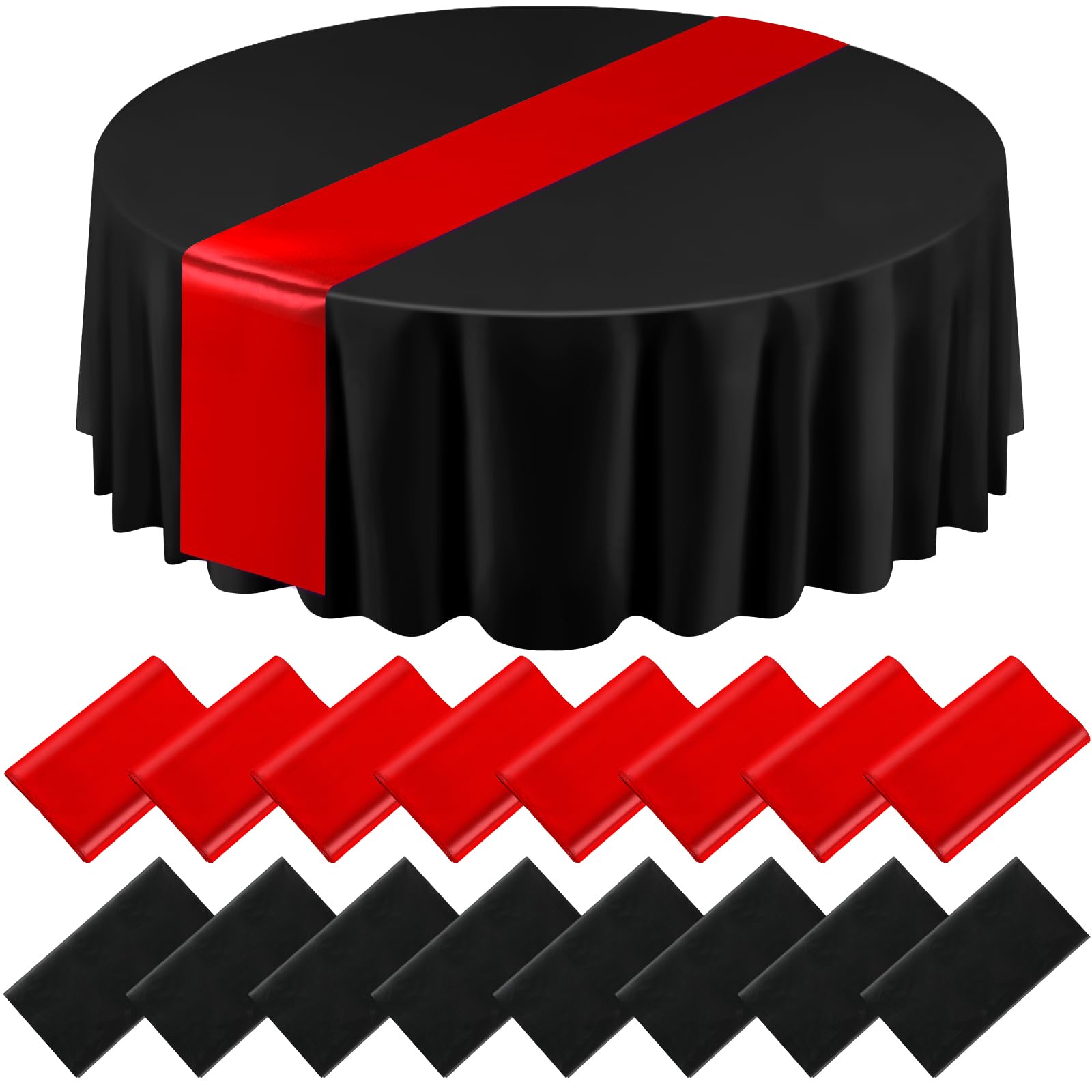 Tudomro 16 Pcs Black and Red Round Plastic Tablecloth and Satin Table Runner Set 84 Inch Round Covers 12 x 108 Inch Table Runner