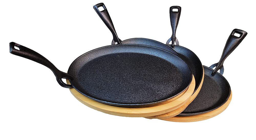 Hawok Cast Iron Fajita Pan With Bamboo Tray And Handle Set Of 4