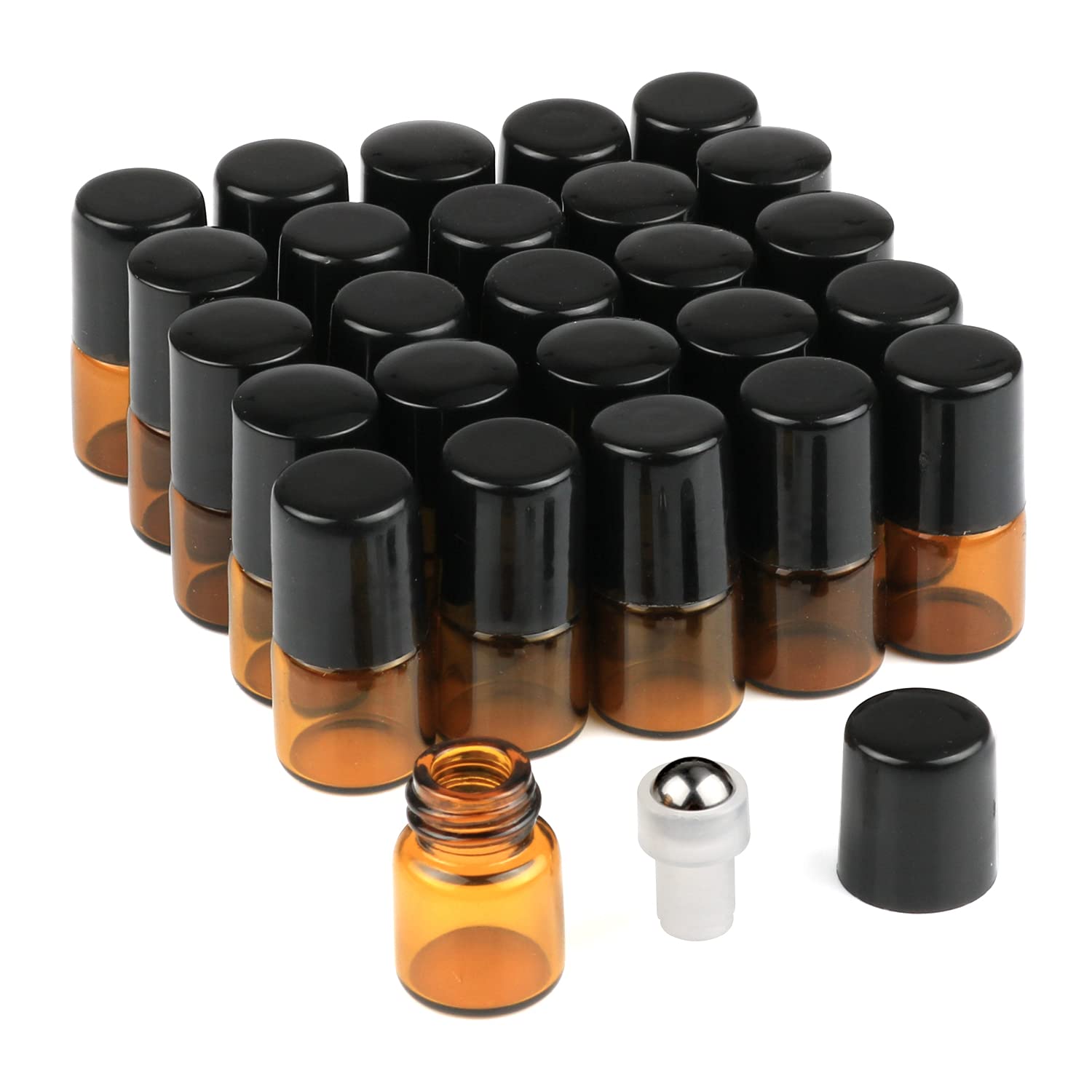 Wresty 25 Pcs Essential Oil Glass Roller Bottles Mini Tiny Refillable Empty Aromatherapy Perfume Liquid Amber Glass Roll On Bott