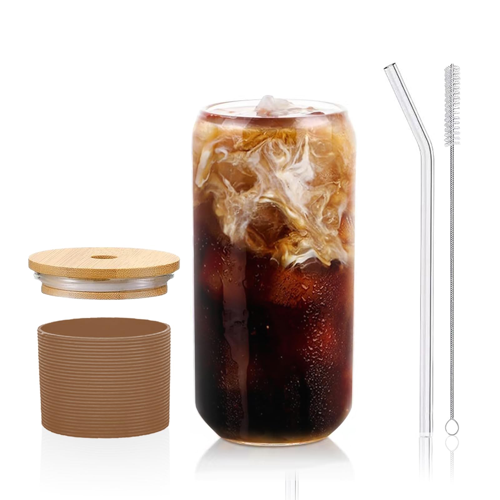 DAMCONME Glass Tumbler with Lid and Straw, 16 oz Reusable Iced Coffee Cup with Bamboo Lid, Brown Silicone Sleeve and Cleaning Br