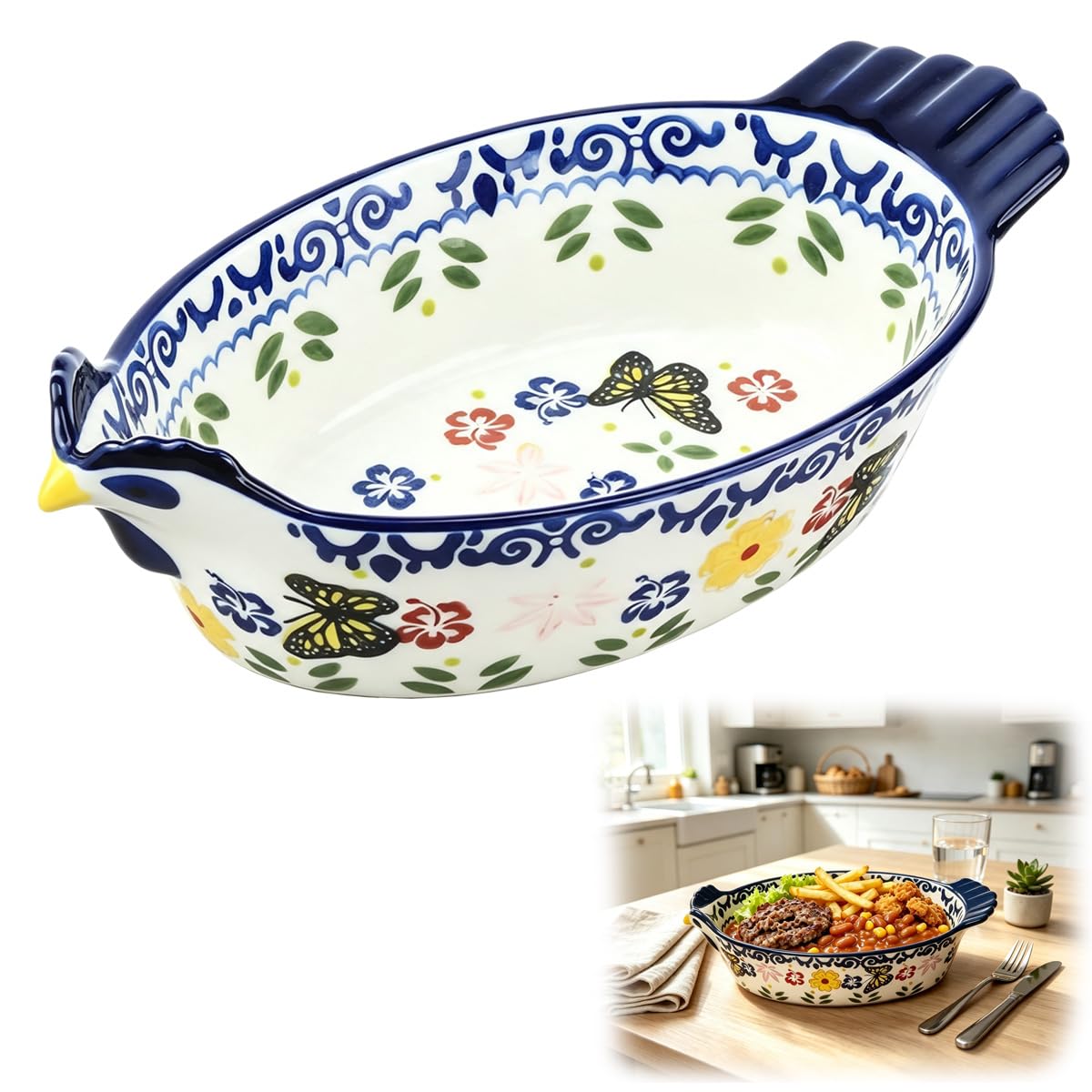 26 oz Chicken Shaped Ceramic Casserole Dish, Flower Pattern Pie Pan