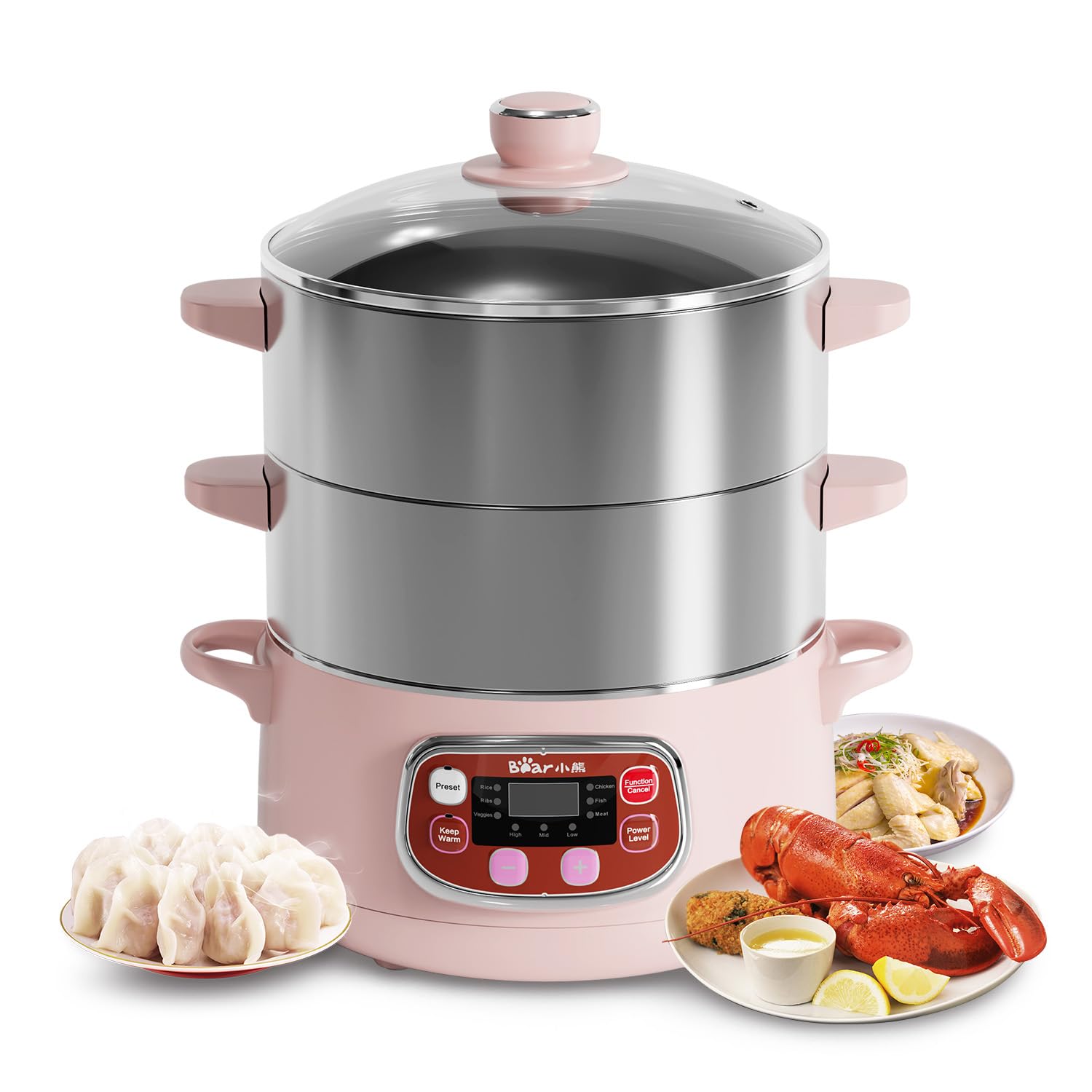 Bear Electric Food Steamer,Stainless Steel Digital Steamer, 3 tier 8L Large Capacity Vegetable Steamer, Auto Shut-off & Anti-dry