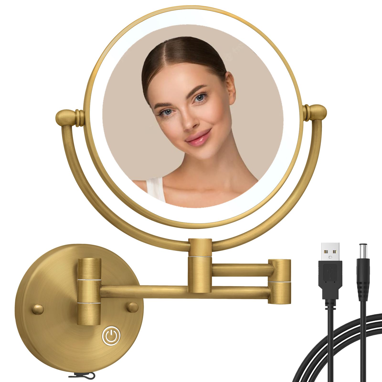 Reckodor Brass Wall Mounted Makeup Mirror With Lights And Magnification, Rechargeable Lighted Magnifying Mirror Wall Mount With