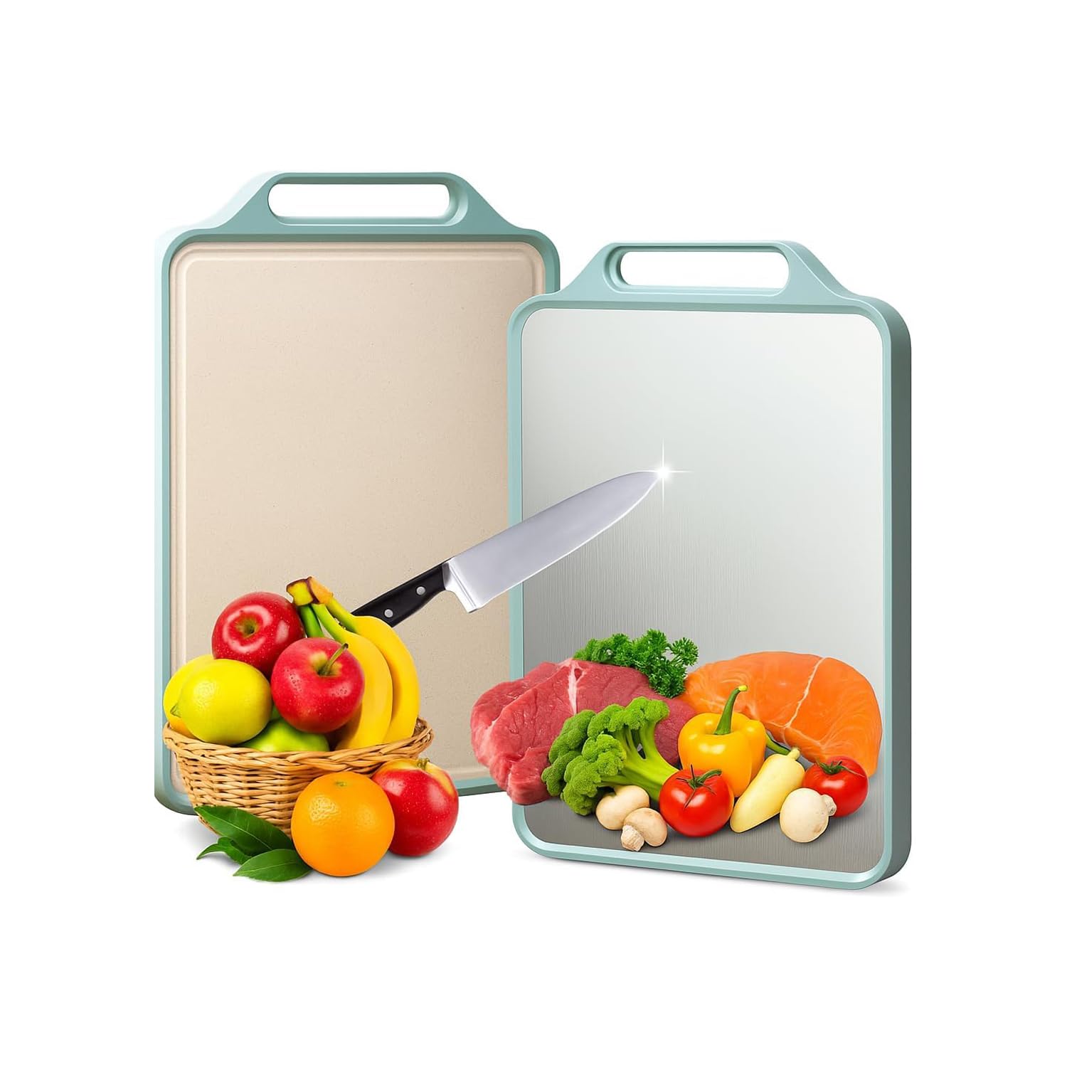 Renva Stainless Steel Cutting Board,Double Sided Steel Cutting Boards For Kitchen,Stainless Steel/Wheat Straw Pp Large Board For