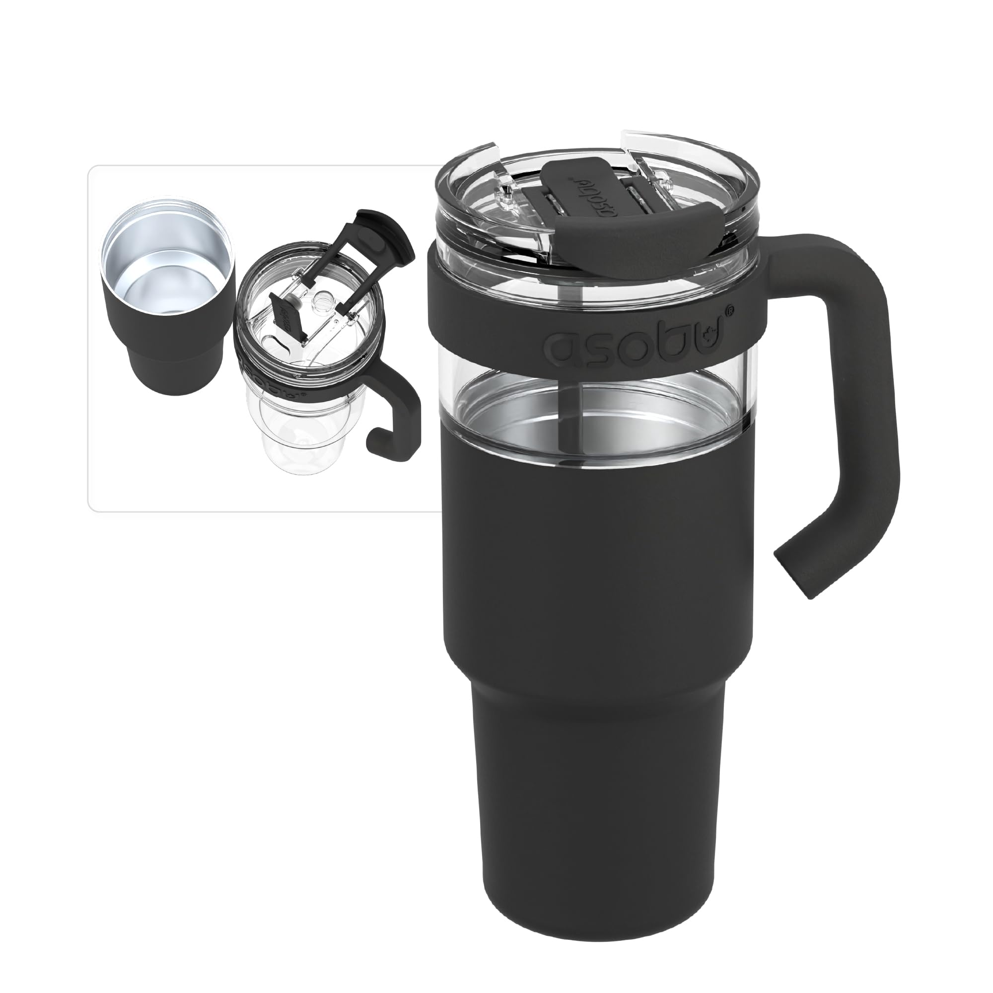 asobu Extra Large Travel Explorer Tumbler for Hot and Cold with Stainless Steel Removable Coffee Mug Sleeve  Straw and Flip Ope