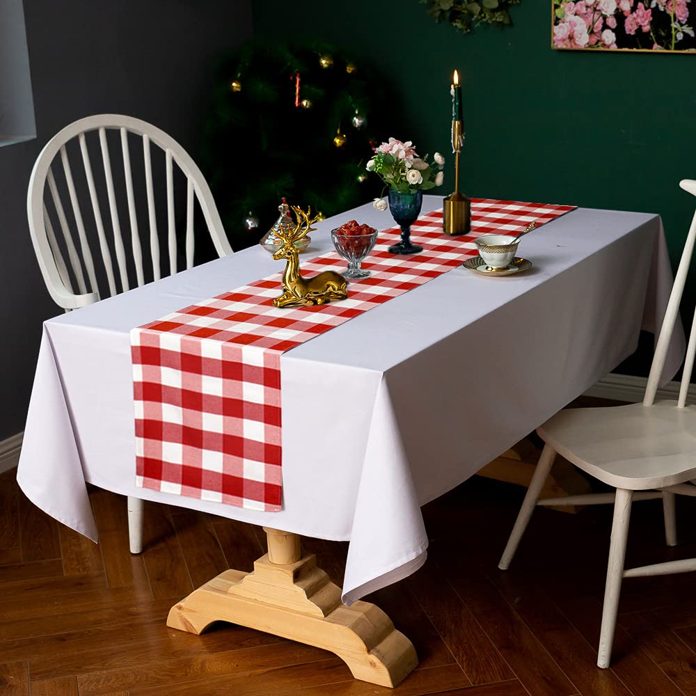 Duobao Red And White Buffalo Plaid Table Runner 14X72-Inch Home Fashions Farmhouse Decor Buffalo Check Runners For Kitchen Table