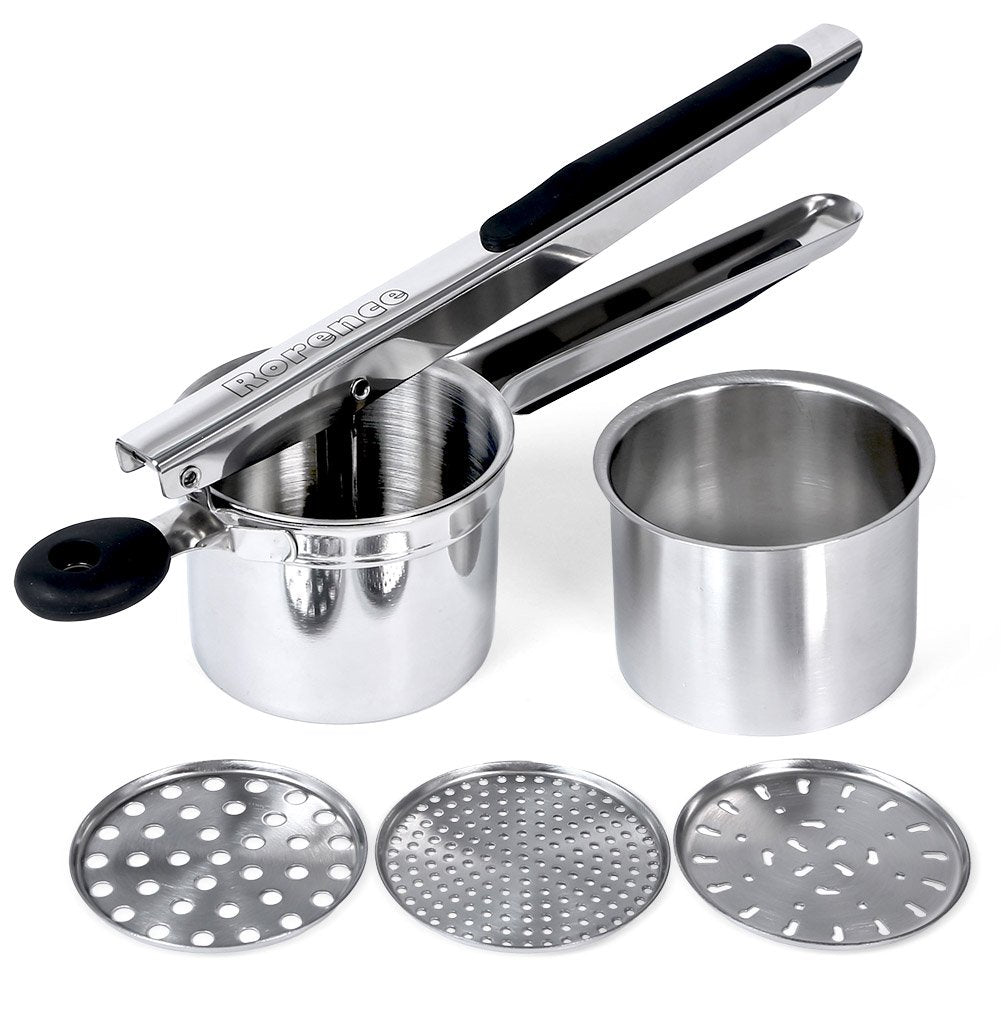 Rorence Stainless Steel Potato Ricer With 3 Interchangeable Discs & Inner Cup & Silicone Grip Handles - Black