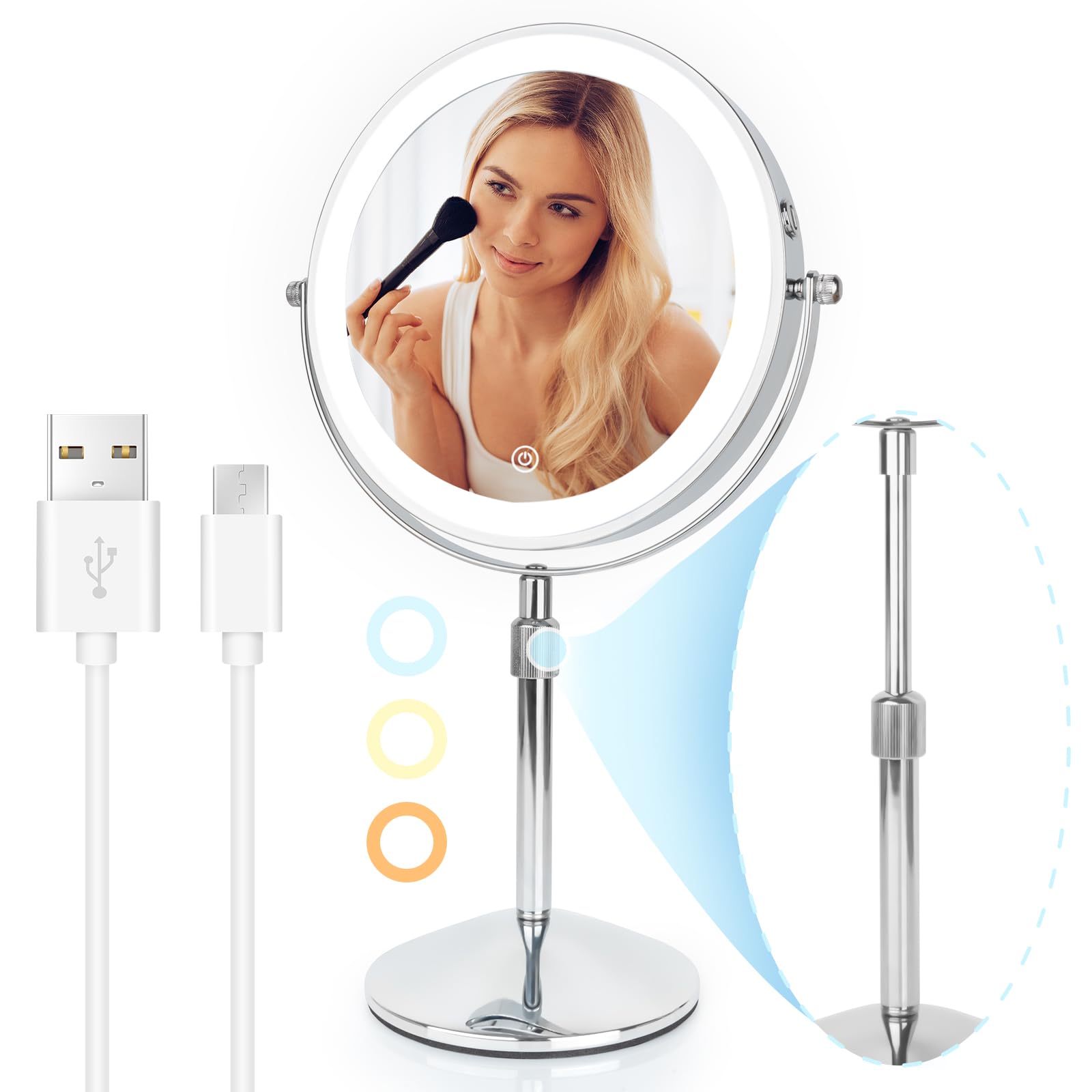 Seaemiko 8'' Makeup Mirror With Lights, Rechargeable 1X/10X Led Lighted Magnifying Mirror With 3 Colors, 360 Rotation Rechargeab