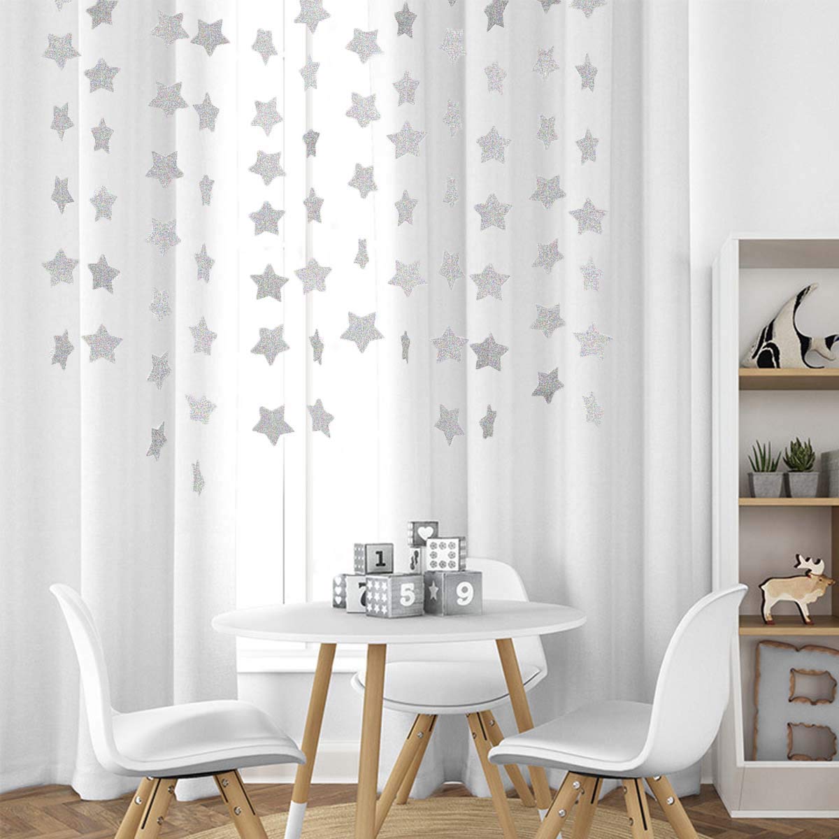 6 Pcs Glitter Silver Star Paper Garland Christmas Birthday Party Decorations Sparkling Bunting Banner Hanging Decorations for Br