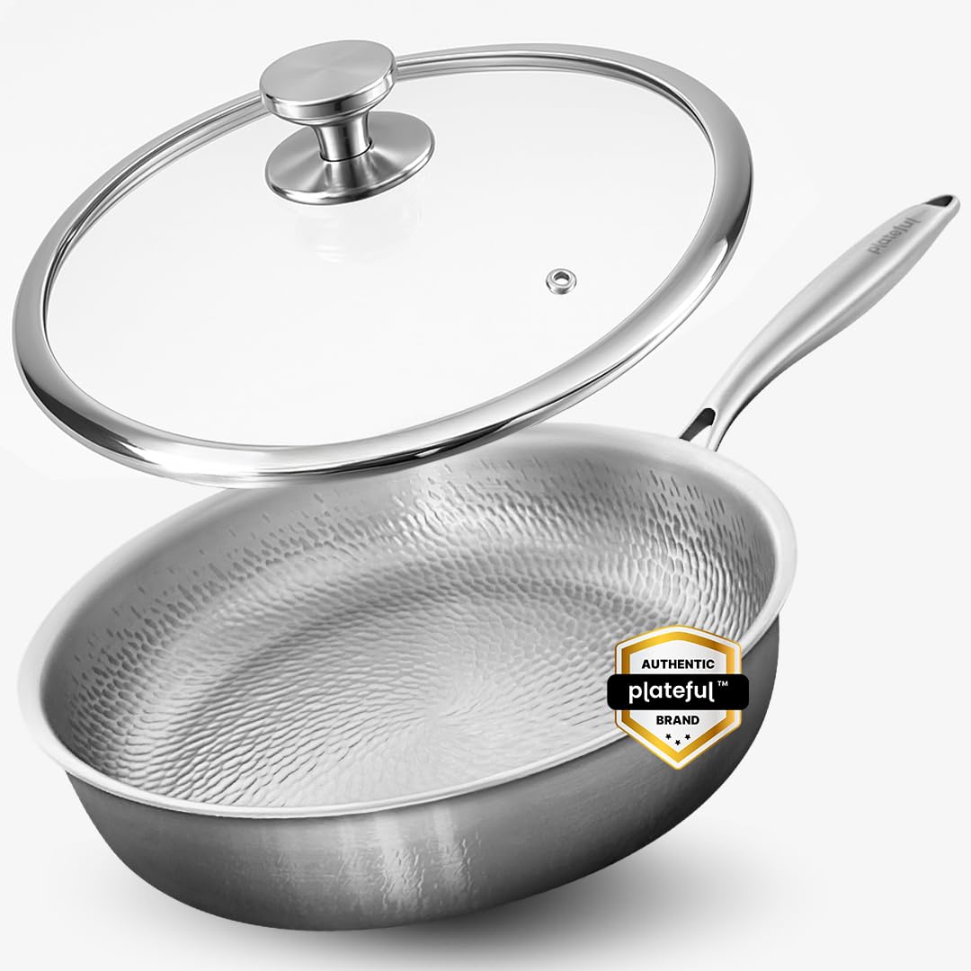 Plateful Titanium Pan For Cooking 12 - Pure, No Coating Non-Stick Titanium Cookware, Frying Pans, Hammered Pan, Safe For Oven, I