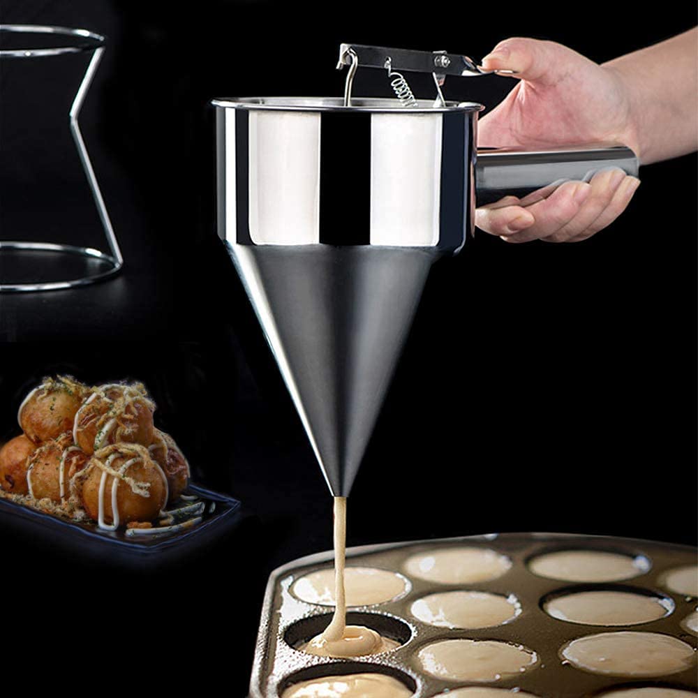 Mylifeunit Stainless Steel Pancake Batter Dispenser, Funnel Dispenser With Stand For Takoyaki And Baking