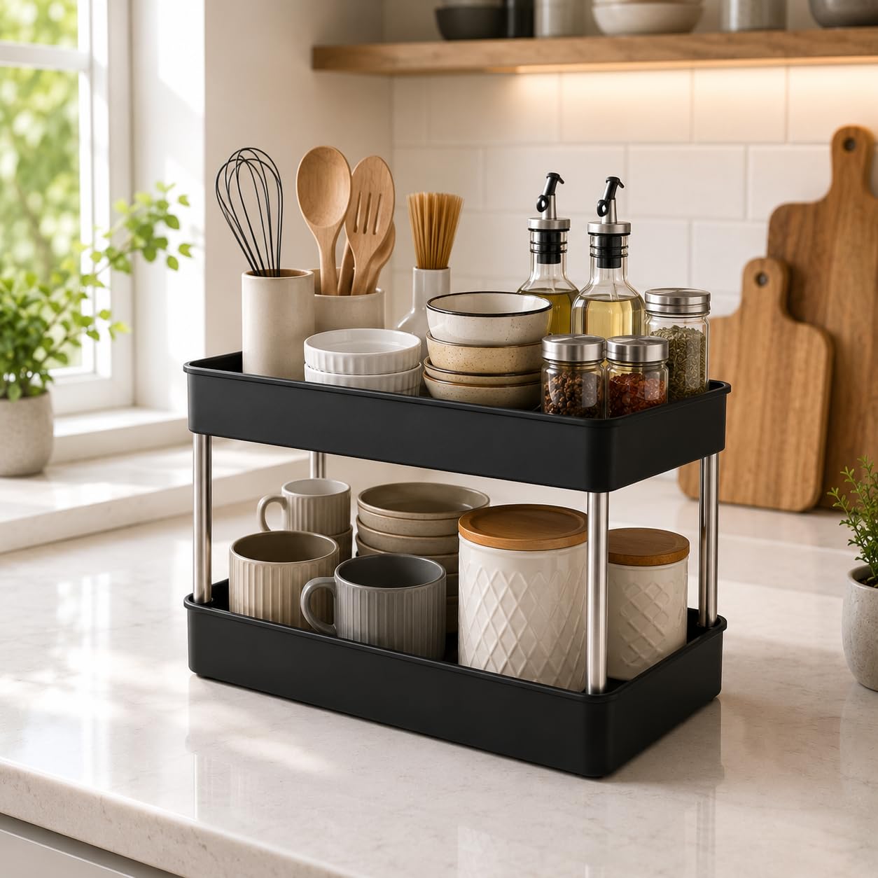 Pulsbery 2Tier Kitchen Counter Organiser Rack, Black, Spice And Pantry Storage Shelf