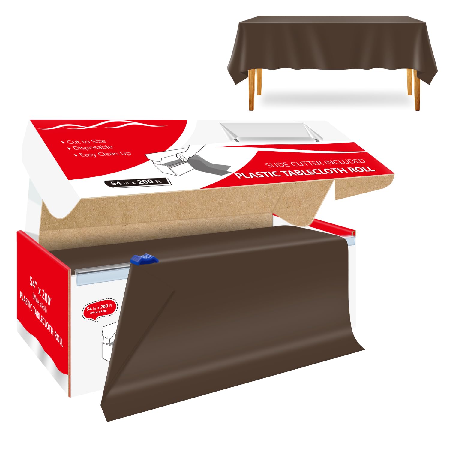 Xnluothsk 54 Inch x 200 Feet Brown Plastic Tablecloth Roll Cut to Size Disposable Table Cover with Cutter Box Plastic Table Clot