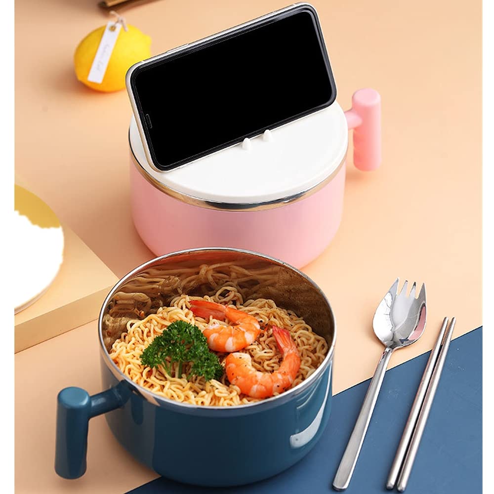 Efoot 34Oz Stainless Steel Bowls,Insulation Bowls With Lid And Handle Perfect For Rice,Noodles,Salad (Pink)