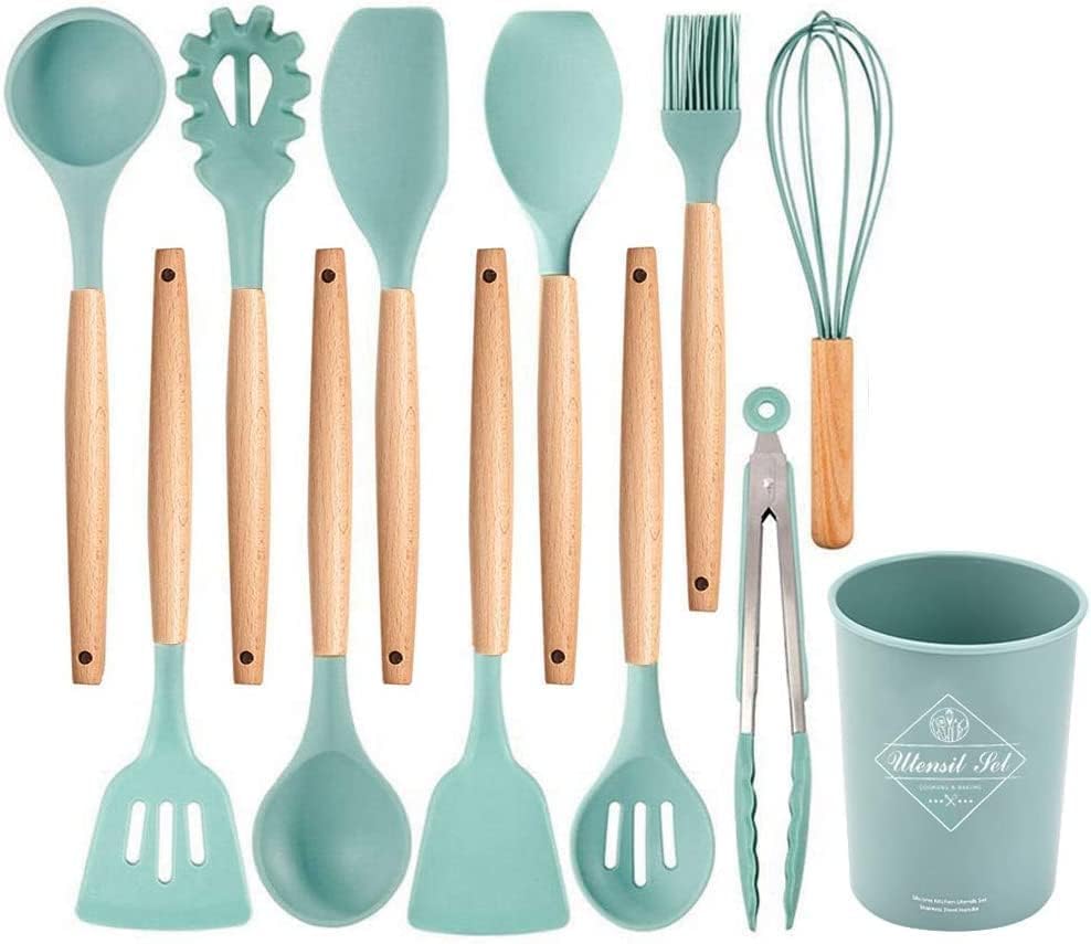 Hmaa Non Stick Silicone Spatula Kitchen Utensil Set With Wooden Handles  HeatResistant Spatulas, Spoon, Turner, Slotted Spatula