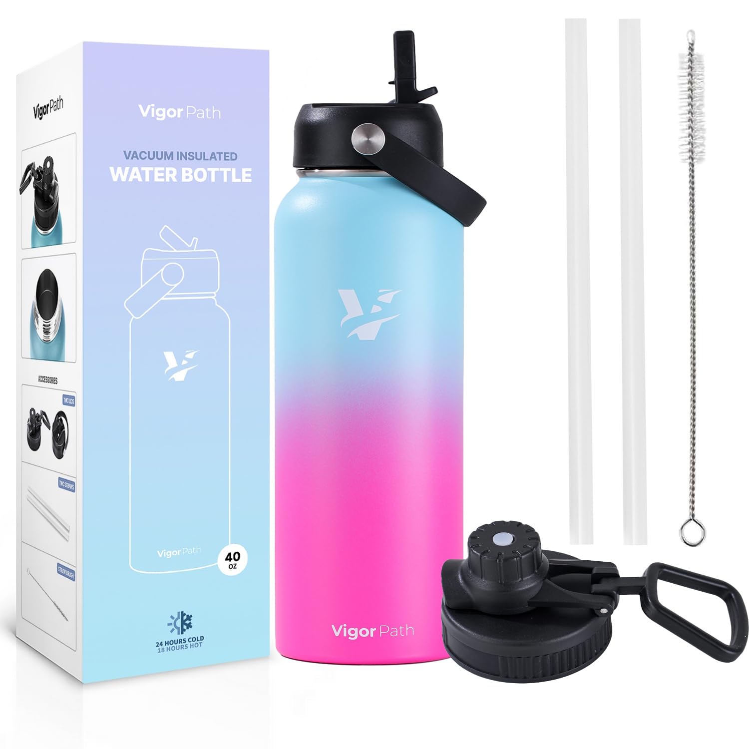 Vacuum Insulated Water Bottle  Stainless Steel with Straw Lid and Flex Cap (Keeps Cold for 24Hours, Hot for 18Hours) Double Wal