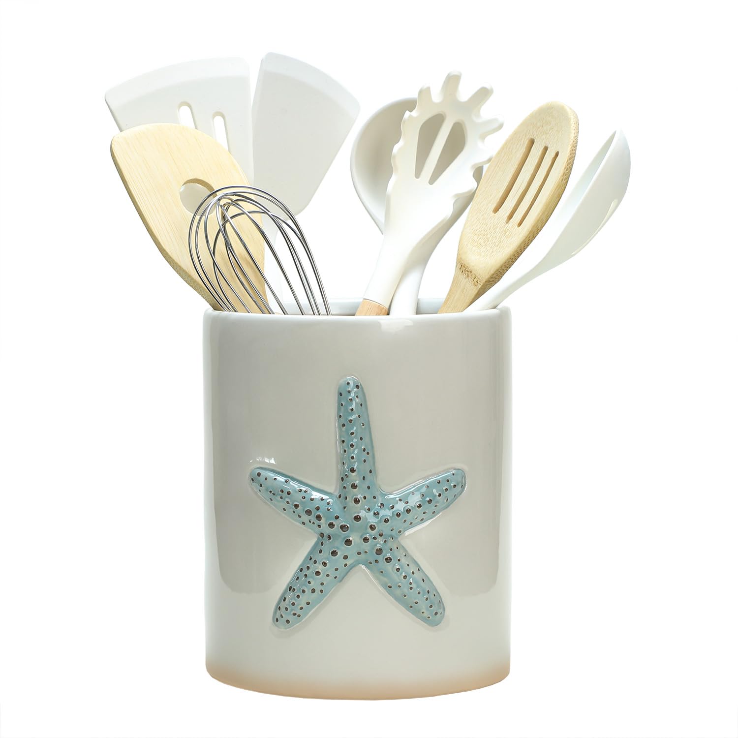 Bicuzat Ceramic Starfish Embossed Utensil Holder, Large Cooking Utensil Crocks for Countertop, Ocean Style Utensil Organizer for