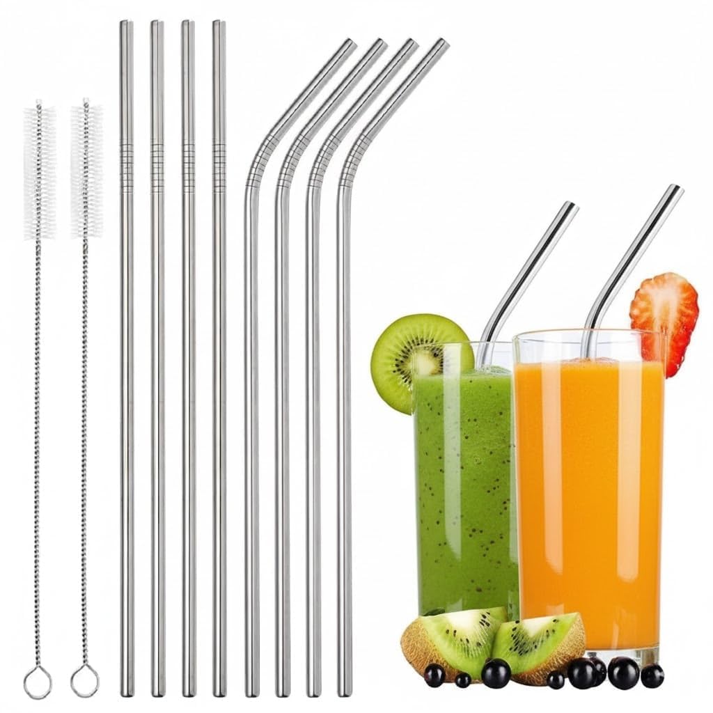 Stainless Steel Reusable Metal Straws With Cleaning Brush, Drinking Straws For Juice, Smoothie & Milkshake, Silver Pack Of 4 (2 