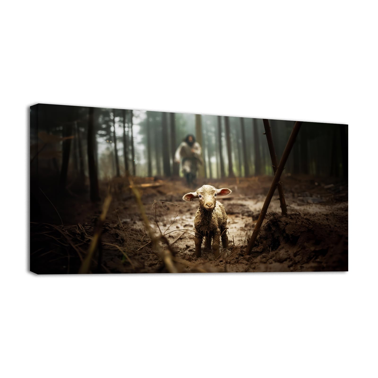 Jesus And Lamb Canvas Wall Art 40''X20'' Jesus Running After Lost Lamb Picture Wall Art Canvas Print Christian Home Decor
