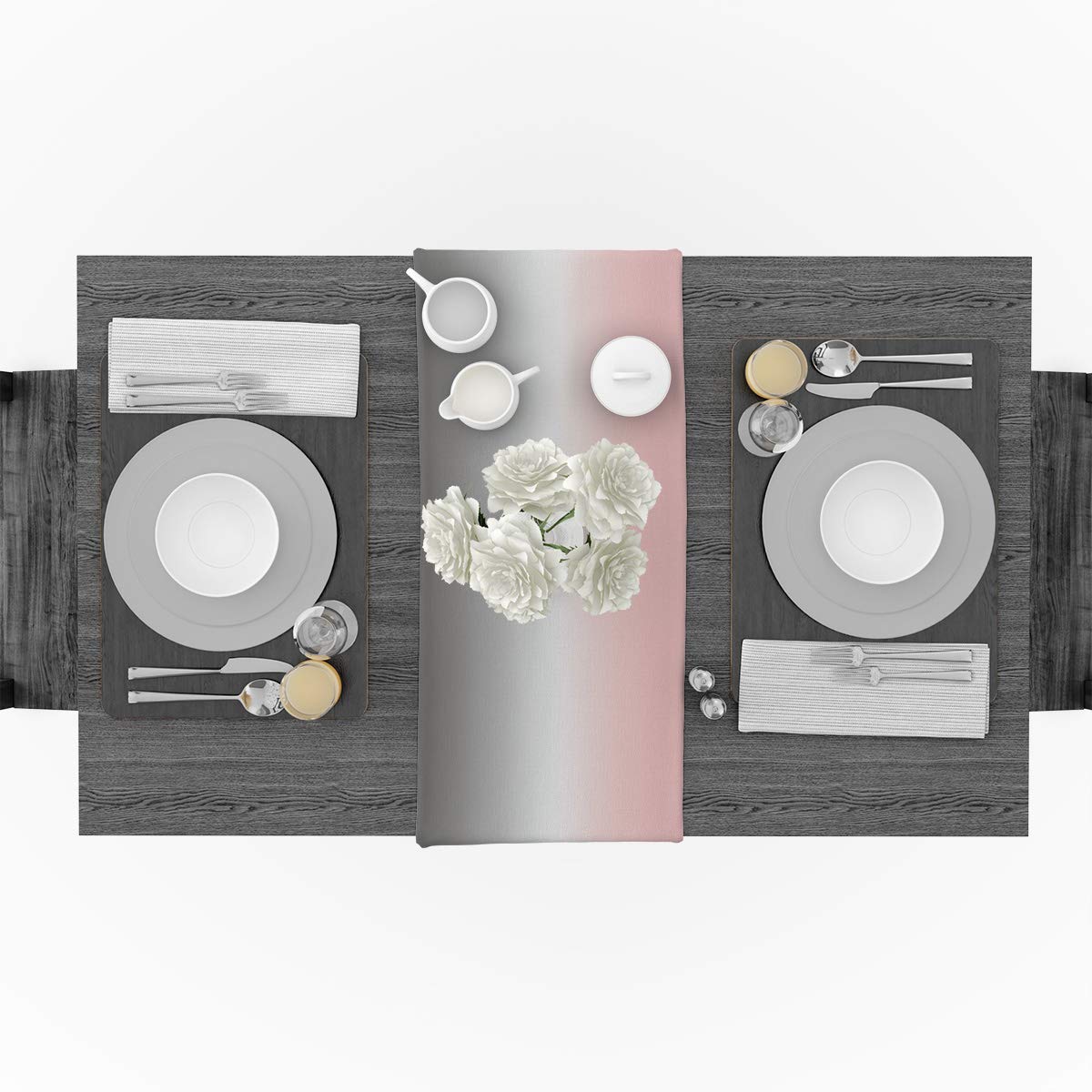 Leohome Ombre Cotton Linen Rectangle Table Runners 13''X70'', Gradient Pink And Grey Luxury Table Runners For Wedding Party Banq