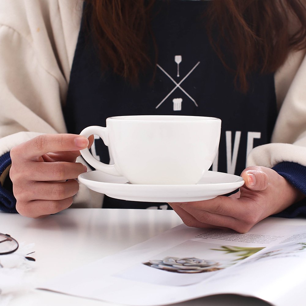 Coffeezone Great Cup Shape For Latte Art Cappuccino Barista Cup Saucer New Bone China For Coffee Shop (Matte White, 10.5 Oz)