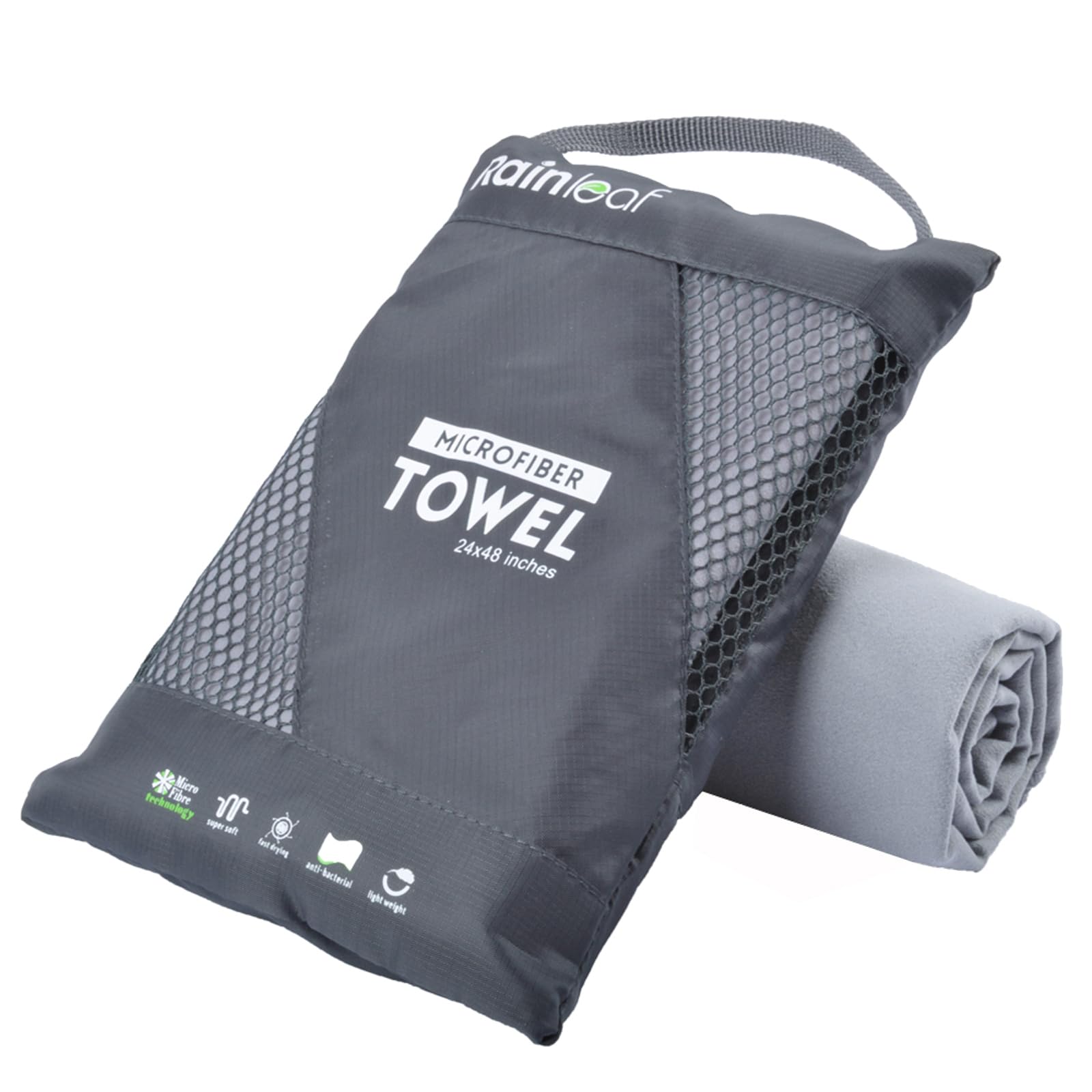 Rainleaf Microfiber Towel - Quick Dry, Super Absorbent, Lightweight, 32" x 16", Gray, Model RL-MTGRAY16 - Ideal for Travel, Gym, Camping,
