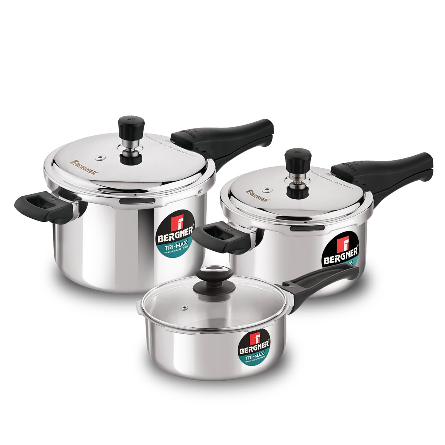 Bergner Trimax Triply Stainless Steel Outer Lid Pressure Cooker Multi Combo - 5 L Cooker 3 L Pressure Pan, 2 L Cooker With Glass