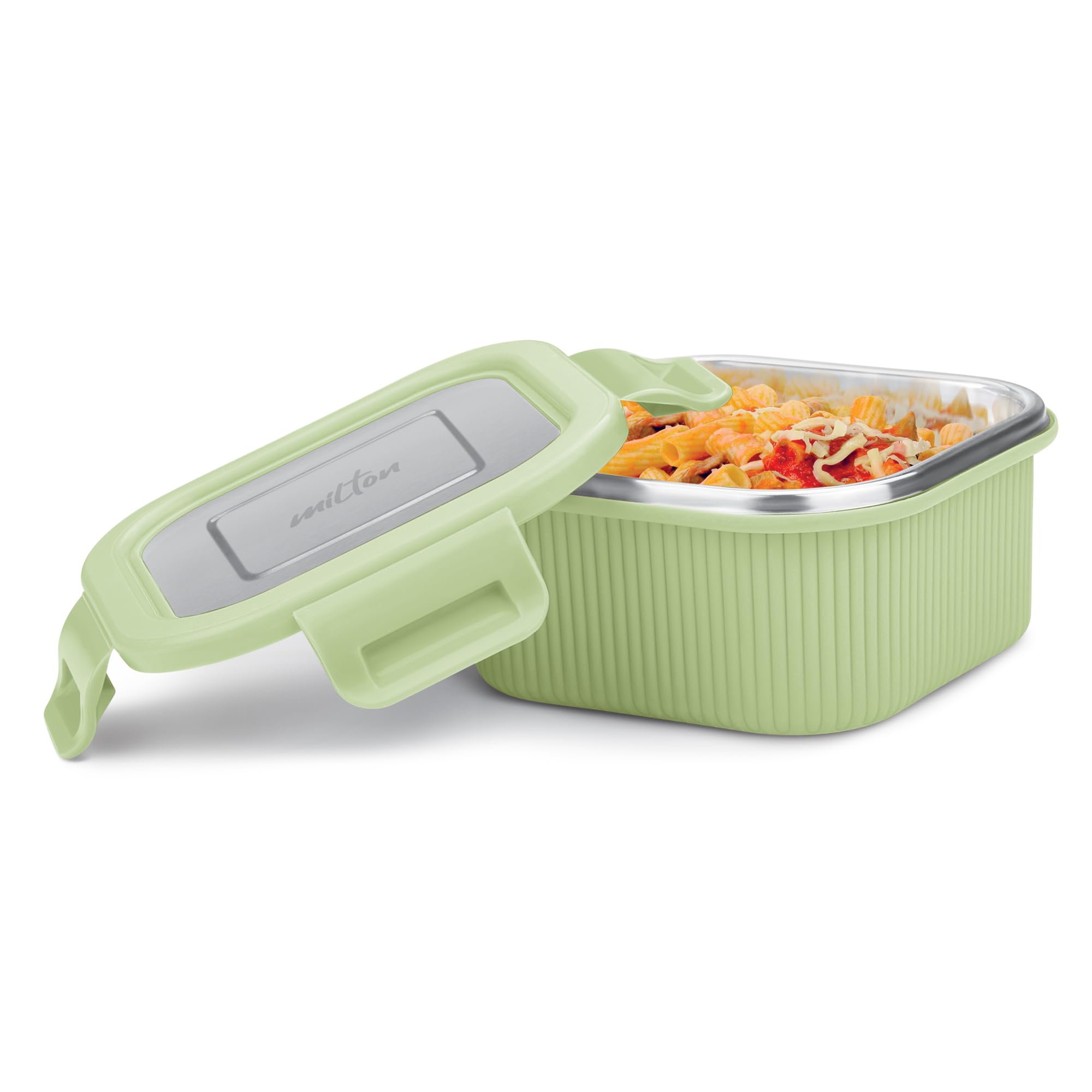 Milton Cool Touch Square 400 Stainless Steel Container, 380 Ml, Green | Microwave Safe | Food Grade | Bpa Free | Refrigerator Sa