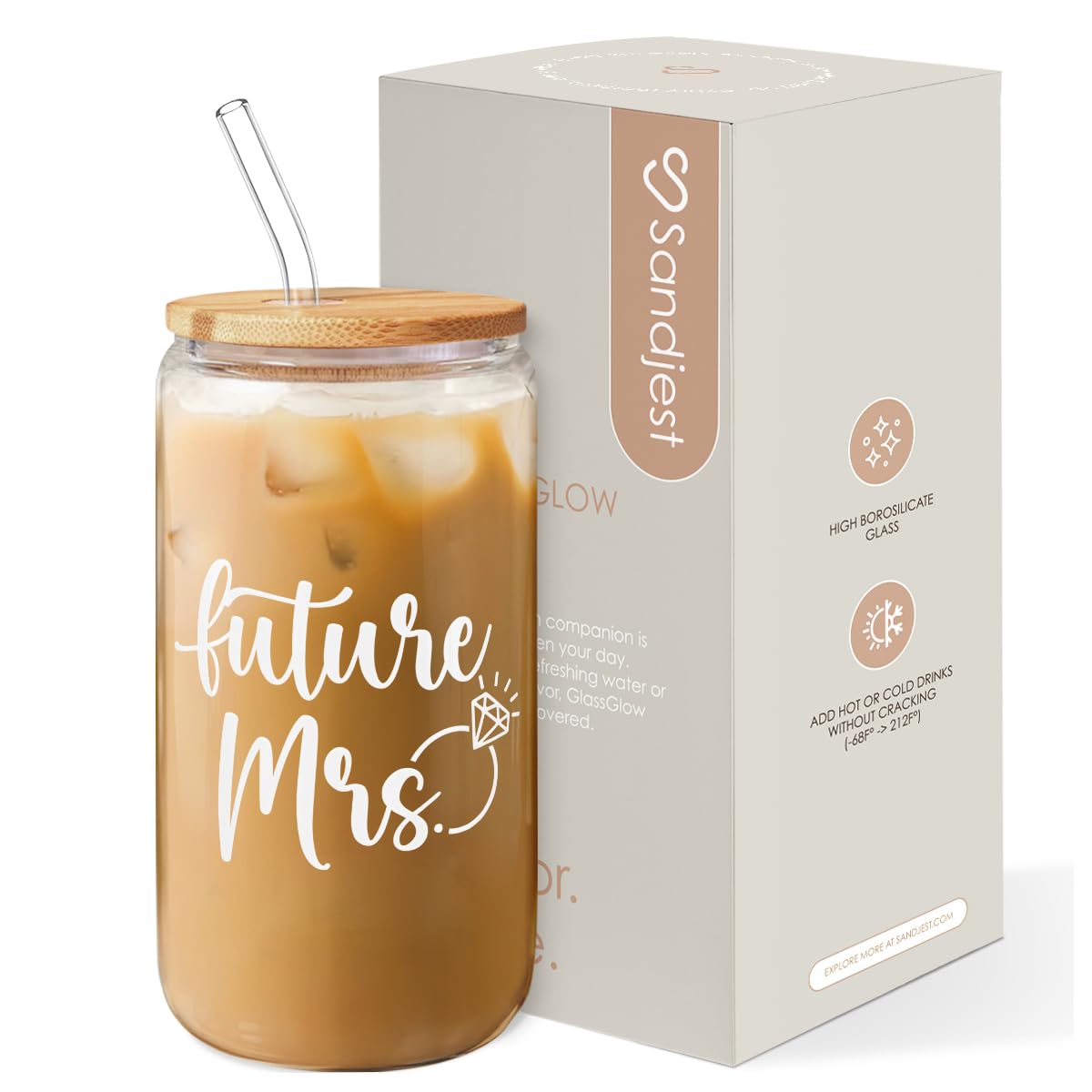 SANDJEST Future Mrs Glass Coffee Cup 16 Oz with Bamboo Lid and Straw - Bridal Shower Gift - Engagement & Bachelorette Gifts for 