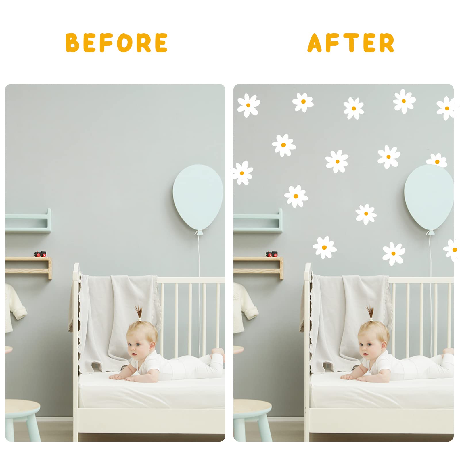 White Daisy Wall Decals For Baby Girls Toddler Kids Bedroom, Retro Flower Wall Decals Peel And Stick Vinyl Daisy Floral Wall Sti