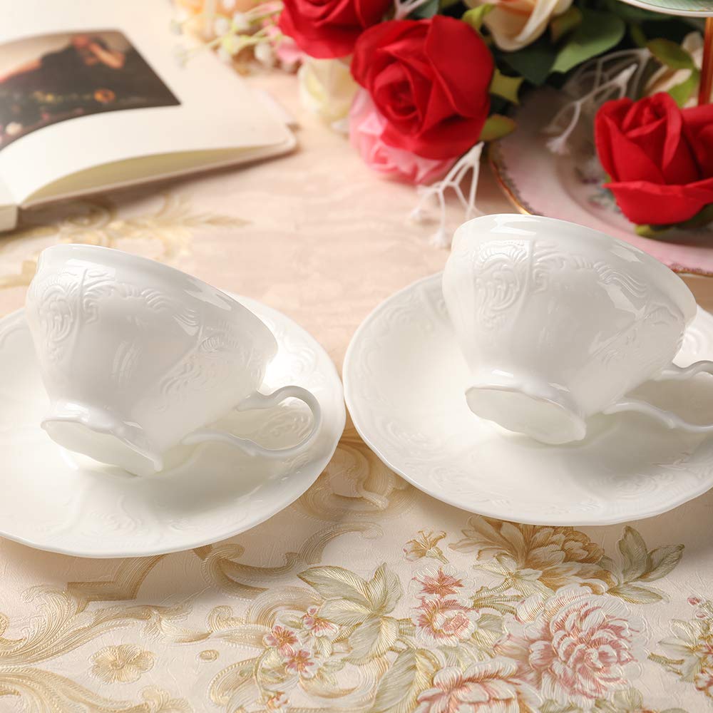 Pulchritudie Fine Porcelain White Teacup And Saucer Set, Sculpture Surface, Light Weight 7 Oz Cup, Set Of Four