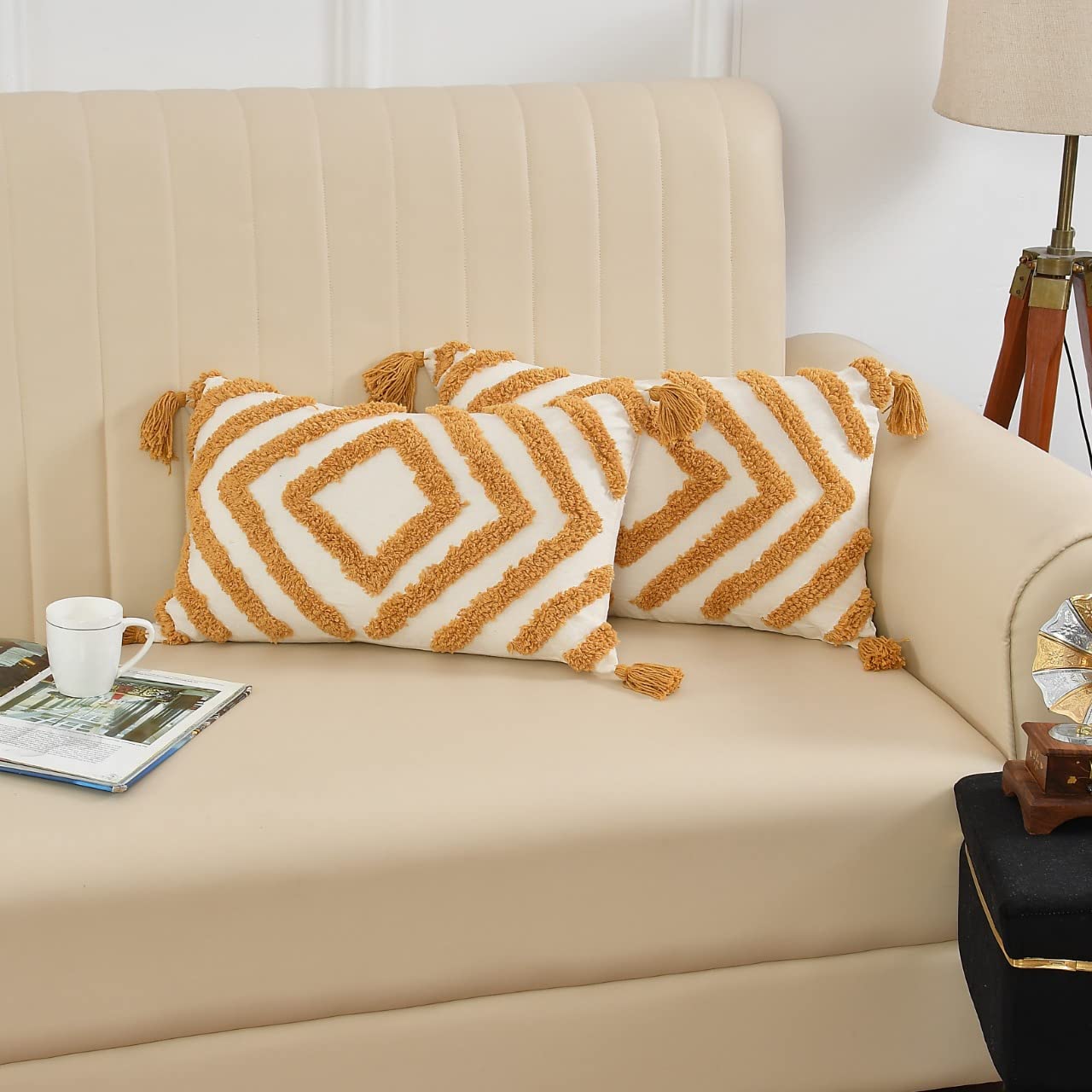 Wisdom Decor Sofa Cushion Cover Cotton For Living Room Couch Soft Pillow Cover (12 X 20, Yellow Diamond) Pack Of 2