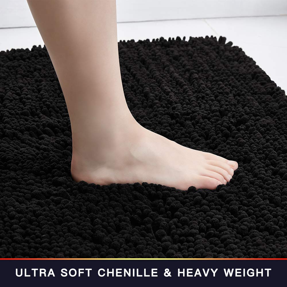 Walensee Bathroom Rug Non Slip Bath Mat (44X24 Inch Black) Water Absorbent Super Soft Shaggy Chenille Machine Washable Dry Extra