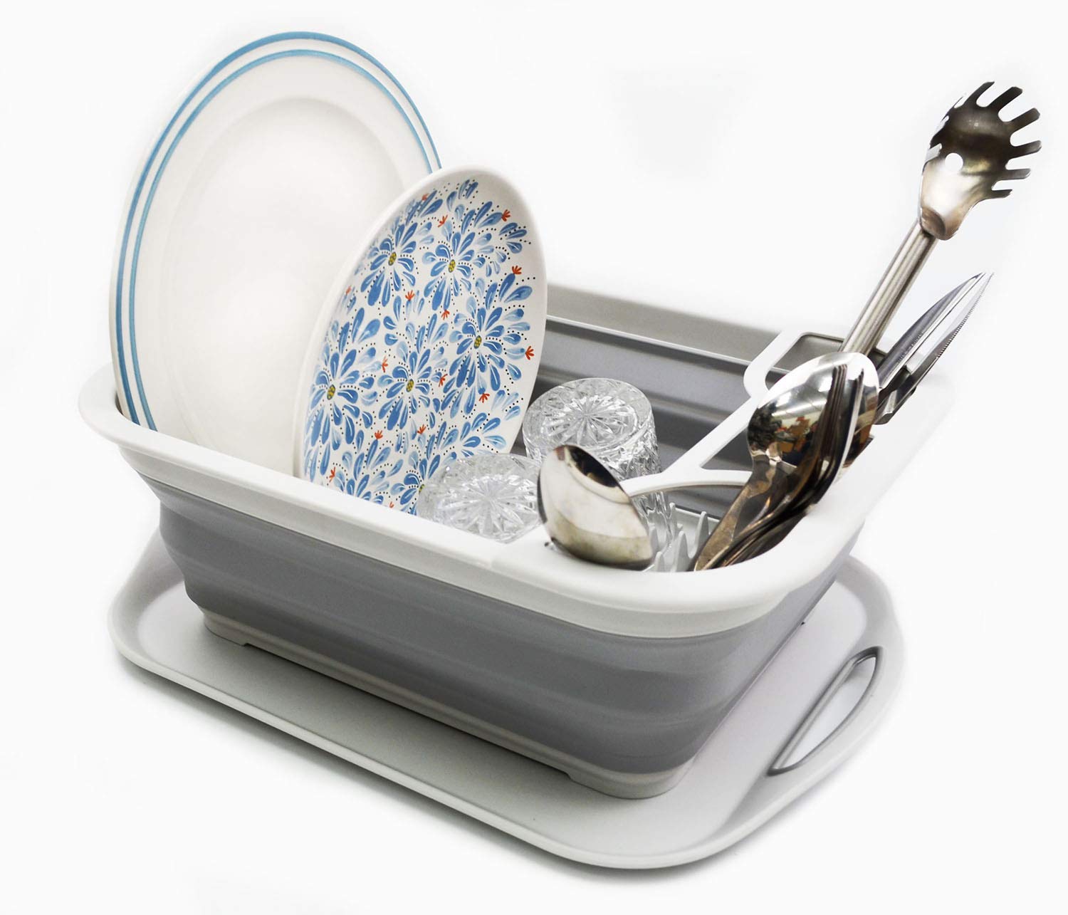 Sammart - Collapsible Dish Rack With Drainboard For Drying Dishes And Utensil - Foldable Design With Dinnerware Storage Tray- Pe