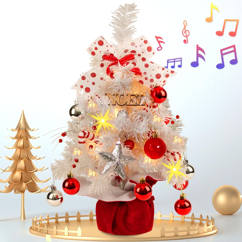 Mini White Christmas Tree, Tabletop Small Flocked Tree with Lights, Music & Ornaments - Indoor/Outdoor