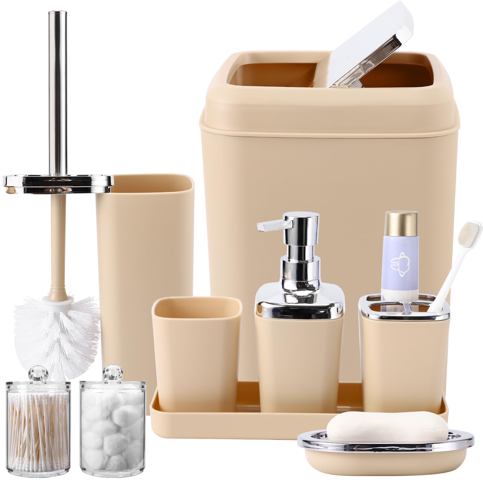 9-Piece Beige Bathroom Accessory Set, Plastic Bathroom Set With Trash Can, Soap Dispenser, Toothbrush Holder, Toothbrush Cup, So
