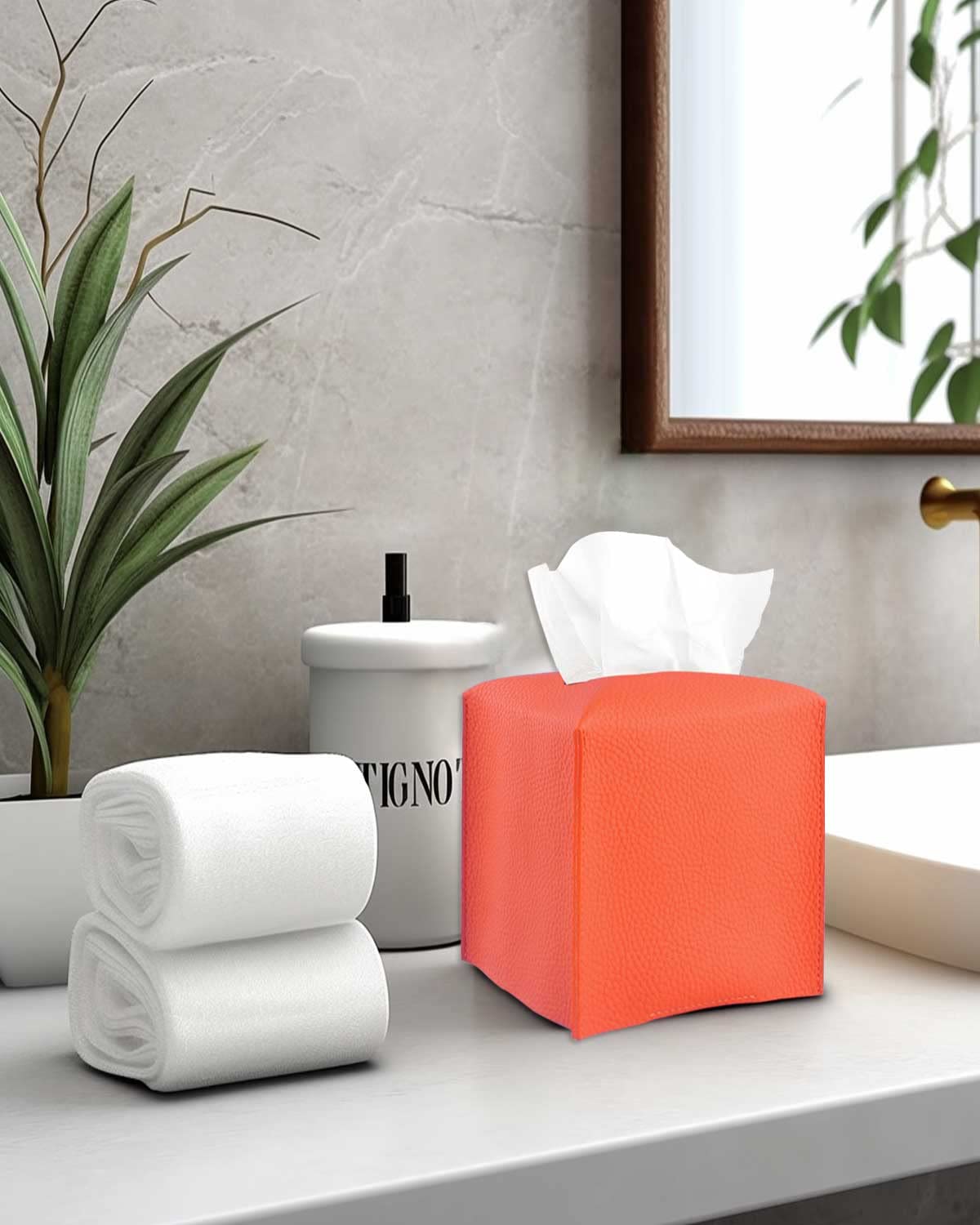 Orange Tissue Box Cover Square - Tissue Box Holder With Bottom Belt [Jesmini] Modern Pu Leather Tissue Holder For Home Fall Deco
