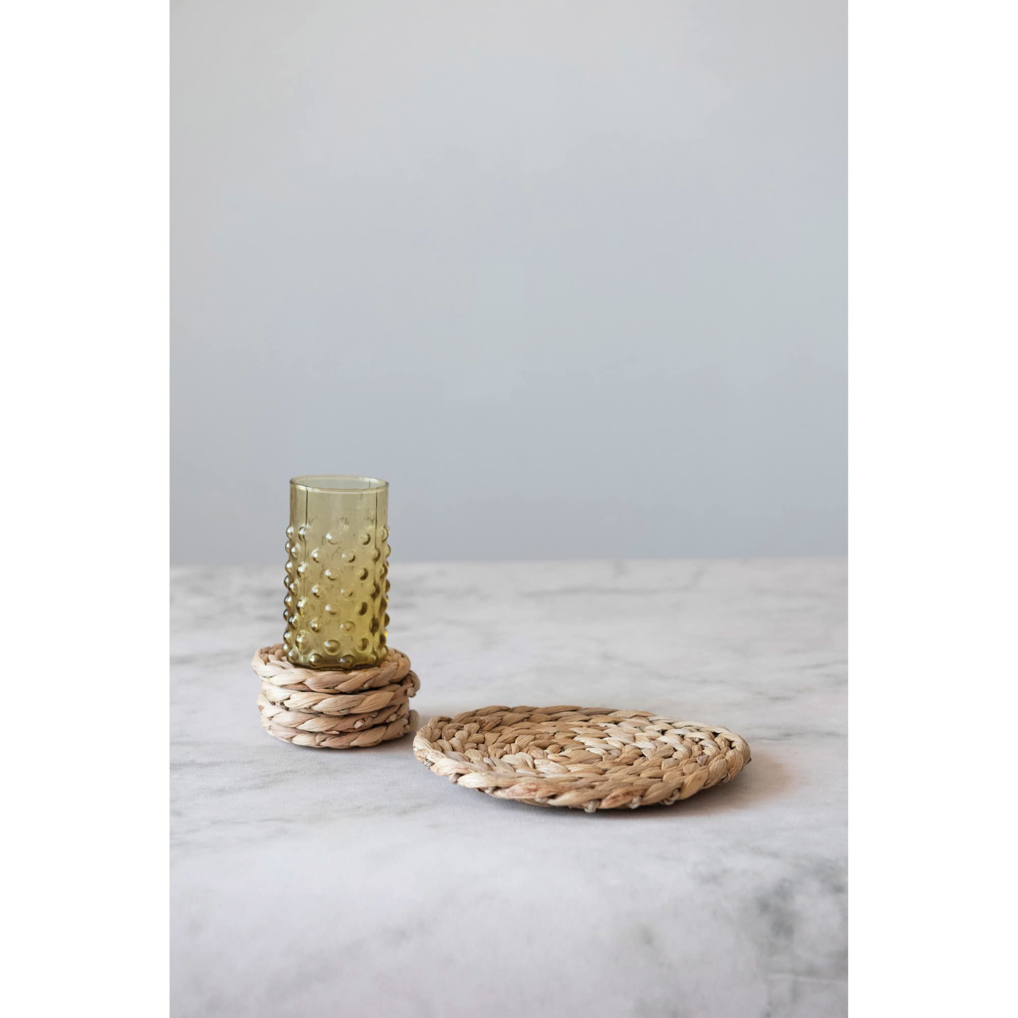 Creative Co-Op Hand-Woven Water Hyacinth Trivet And 4'' Round, Set Of 5 Coasters, 10'' L X 10'' W X 1'' H, Natural