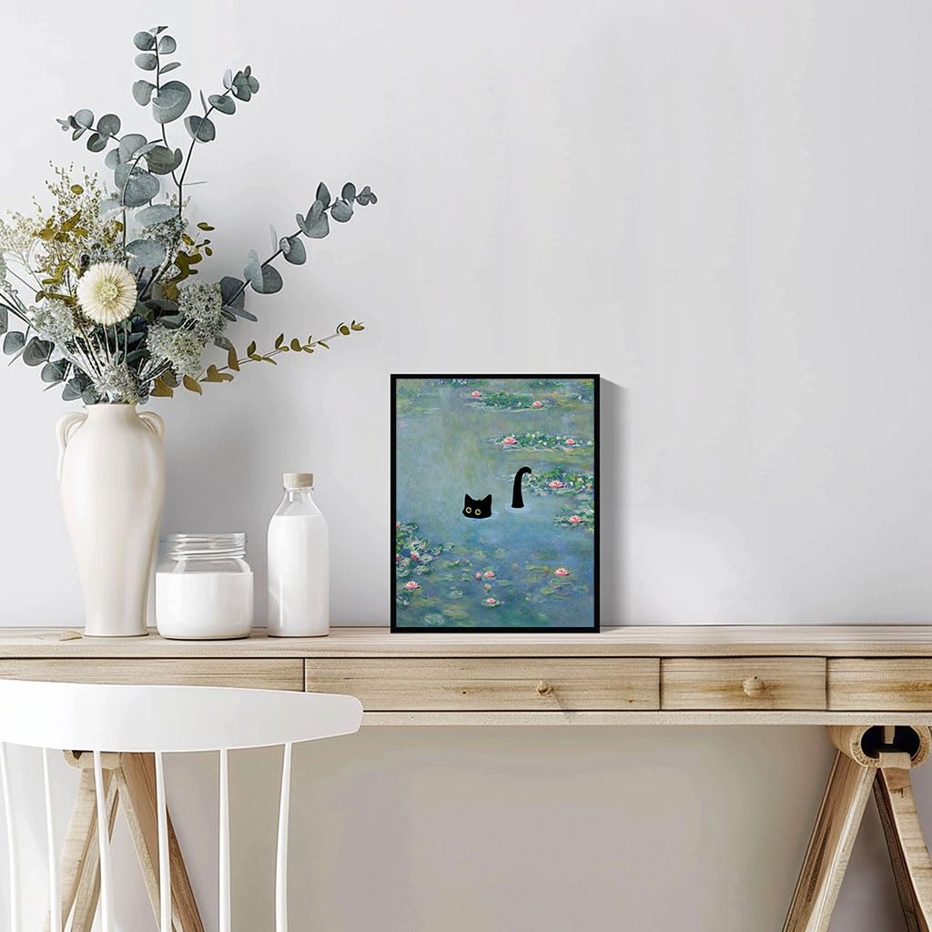 Oulawote Cat Wall Art Monet Prints Vintage Canvas Wall Art Funny Cat In Water Lilies Posters For Room Bedroom Living Room Bathro
