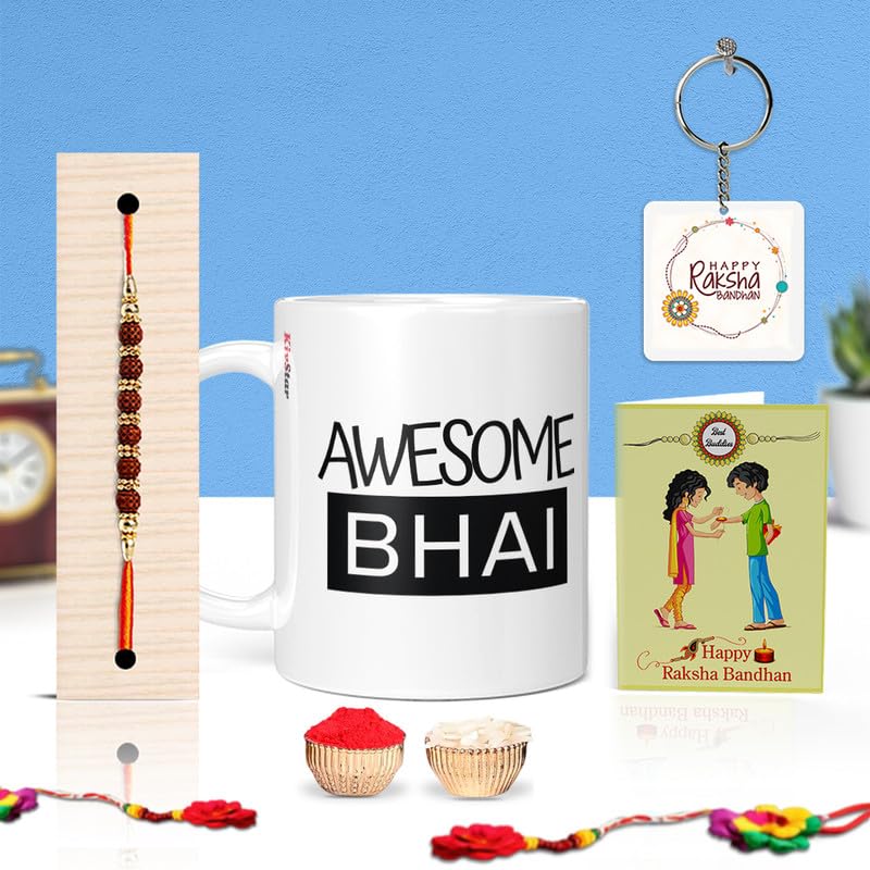KivStar Rakhi for Brother with Printed Ceramic Mug and Keychain Combo |Pack of 5 (Printed Mug, Keychain,Roli Chawal, Rakhi,Greet