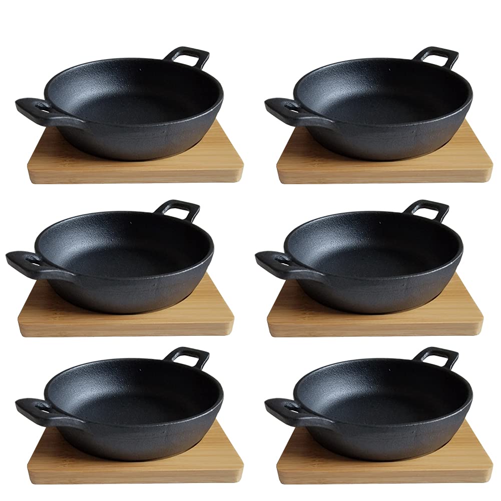 Hawok Cast Iron Mini Serving Bowl Dia 4.7 Inch With Bamboo Tray Set Of 6
