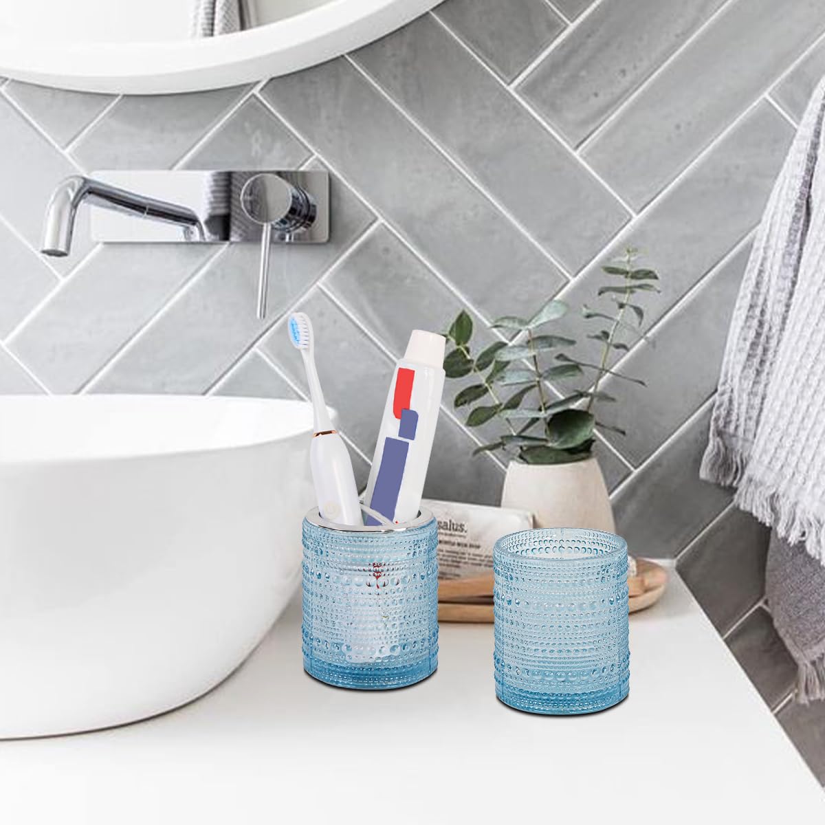 Tonxus Blue Toothbrush Holders for Bathrooms, Glass Toothbrush Holder with 2 Slot Divider, 10oz Bathroom Tumbler and Mouthwash C