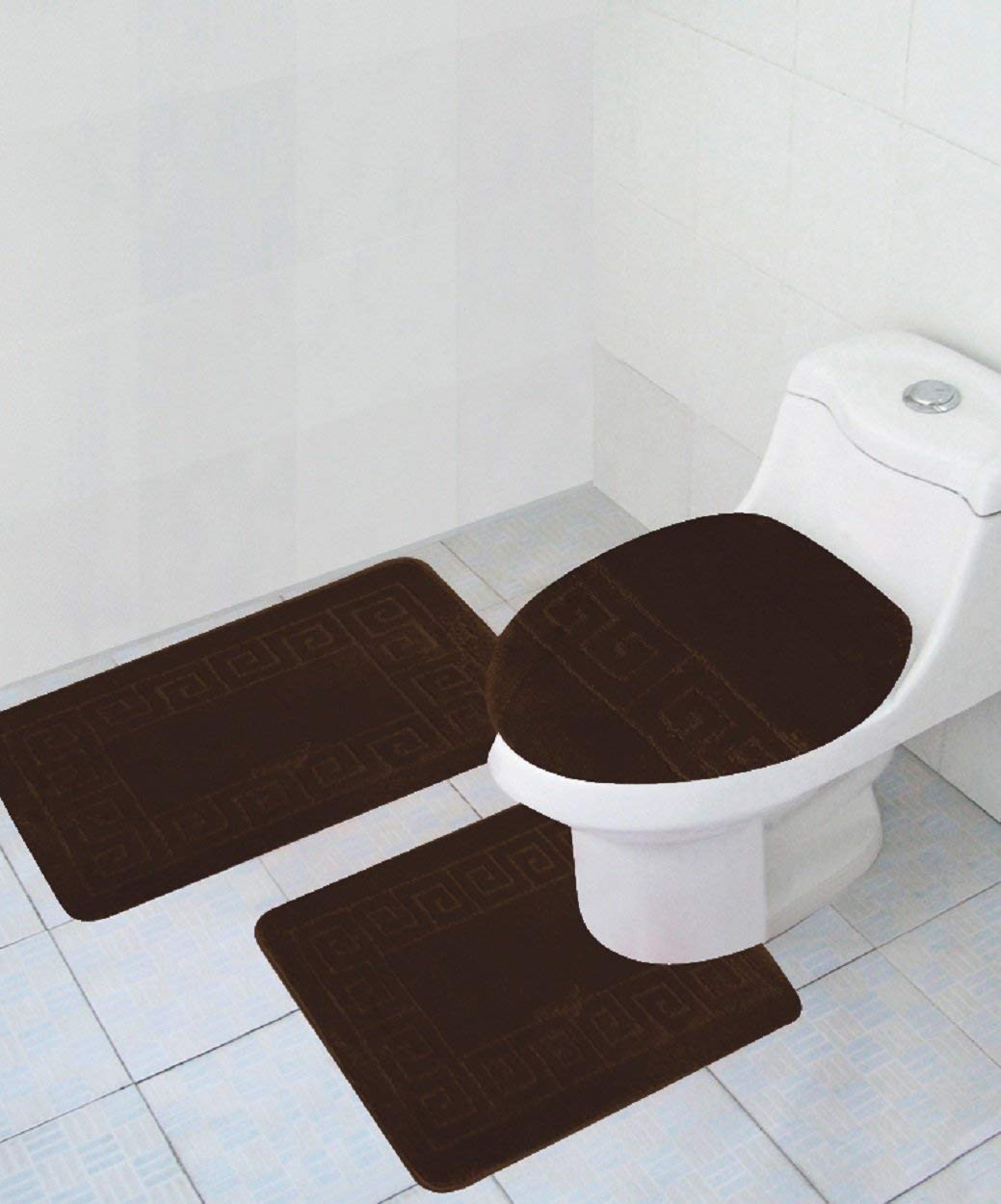 3 Piece Bath Rug Set Pattern Bathroom Rug (20X32)/Large Contour Mat (20X20) With Lid Cover (Brown)