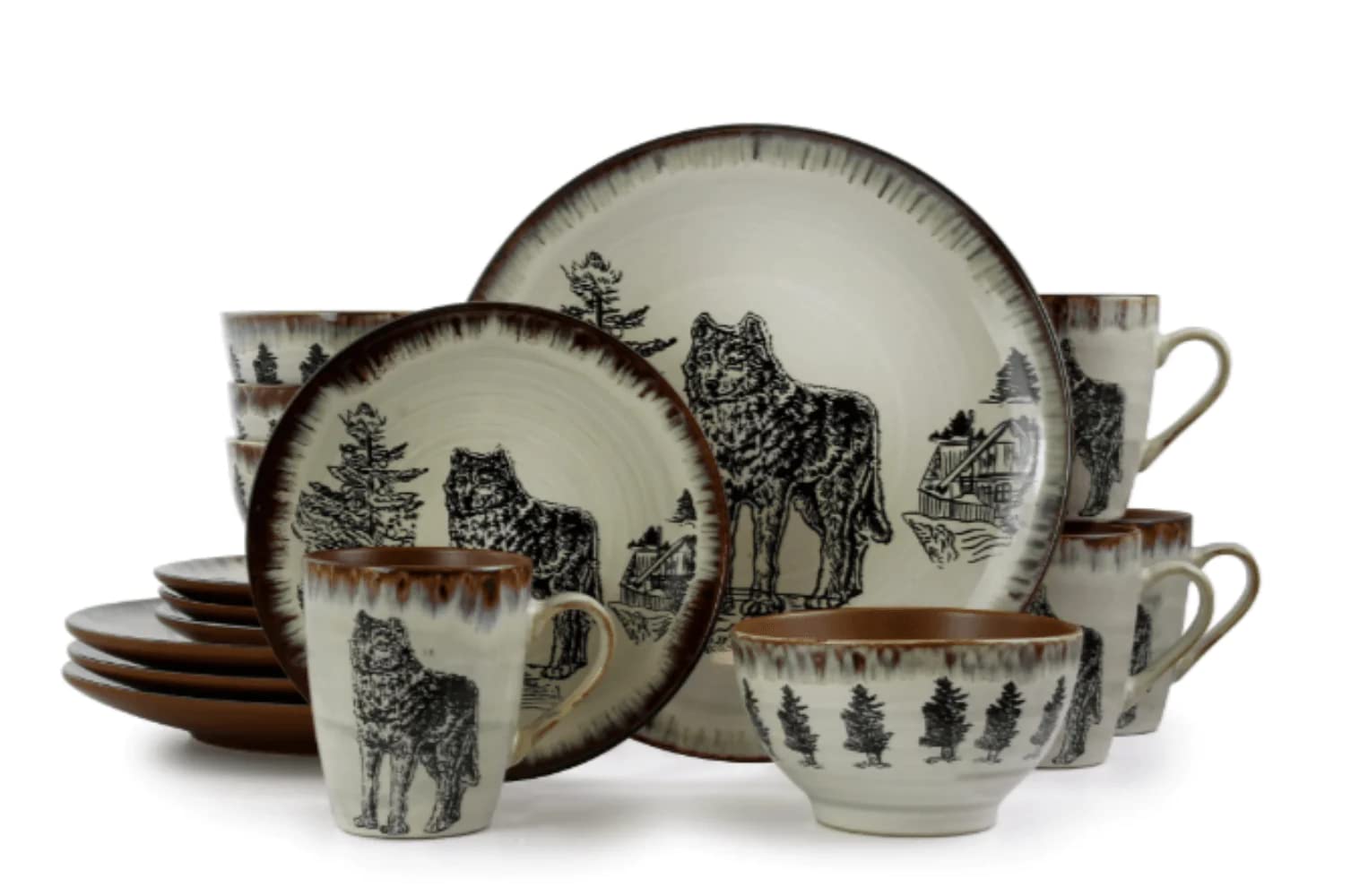 Elama Round Stoneware Cabin Dinnerware Dish Set, 16 Piece, Elk Design with Warm Taupe and Brown Accents